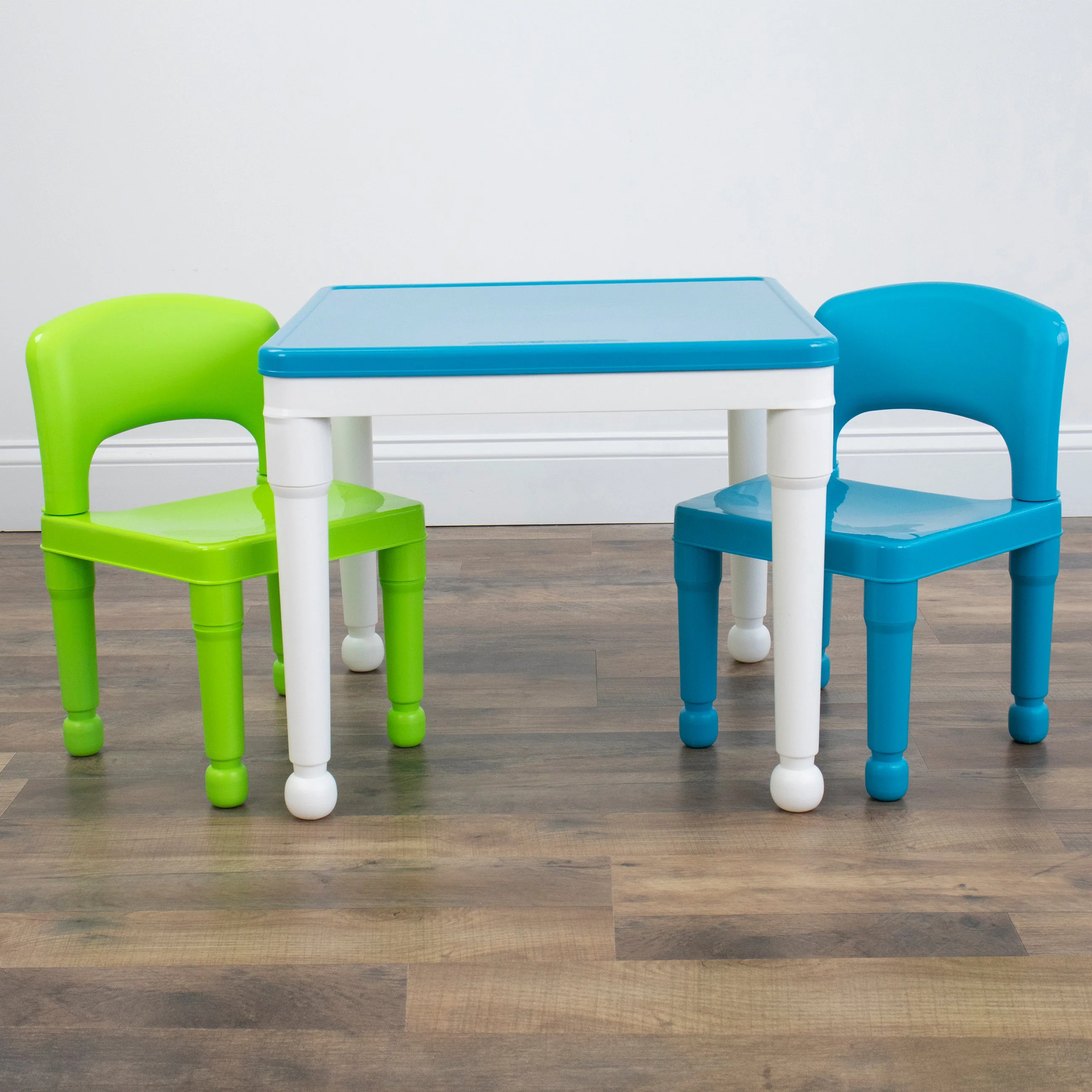 Kids 2-In-1 Square Activity Table and 2 Chair Set with 100 Pc Plastic Building Block Starter Set White/Green/Blue