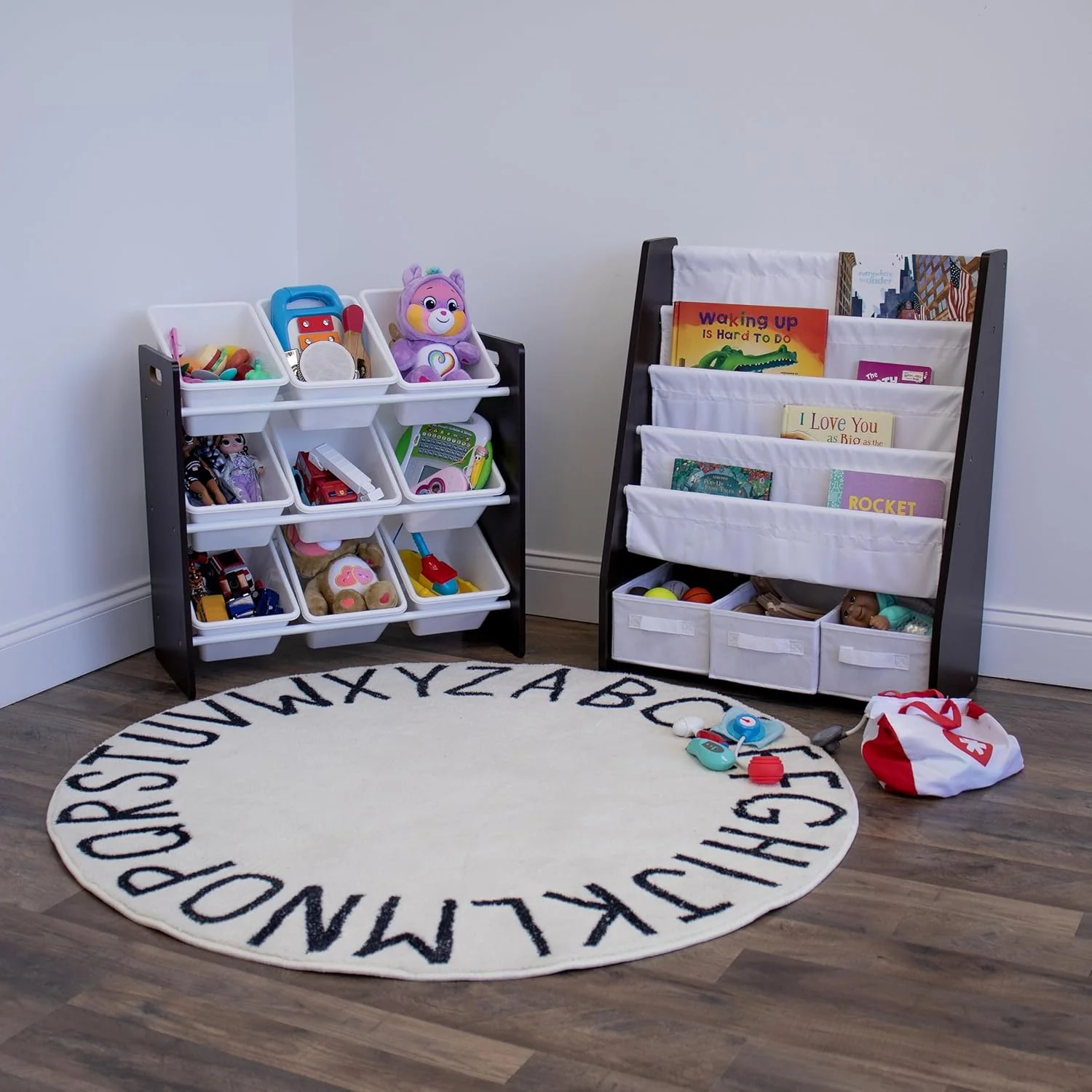 Humble Crew Kids Bookshelf 4 Tier Book Storage and Fabric Bin Organizer, Espresso