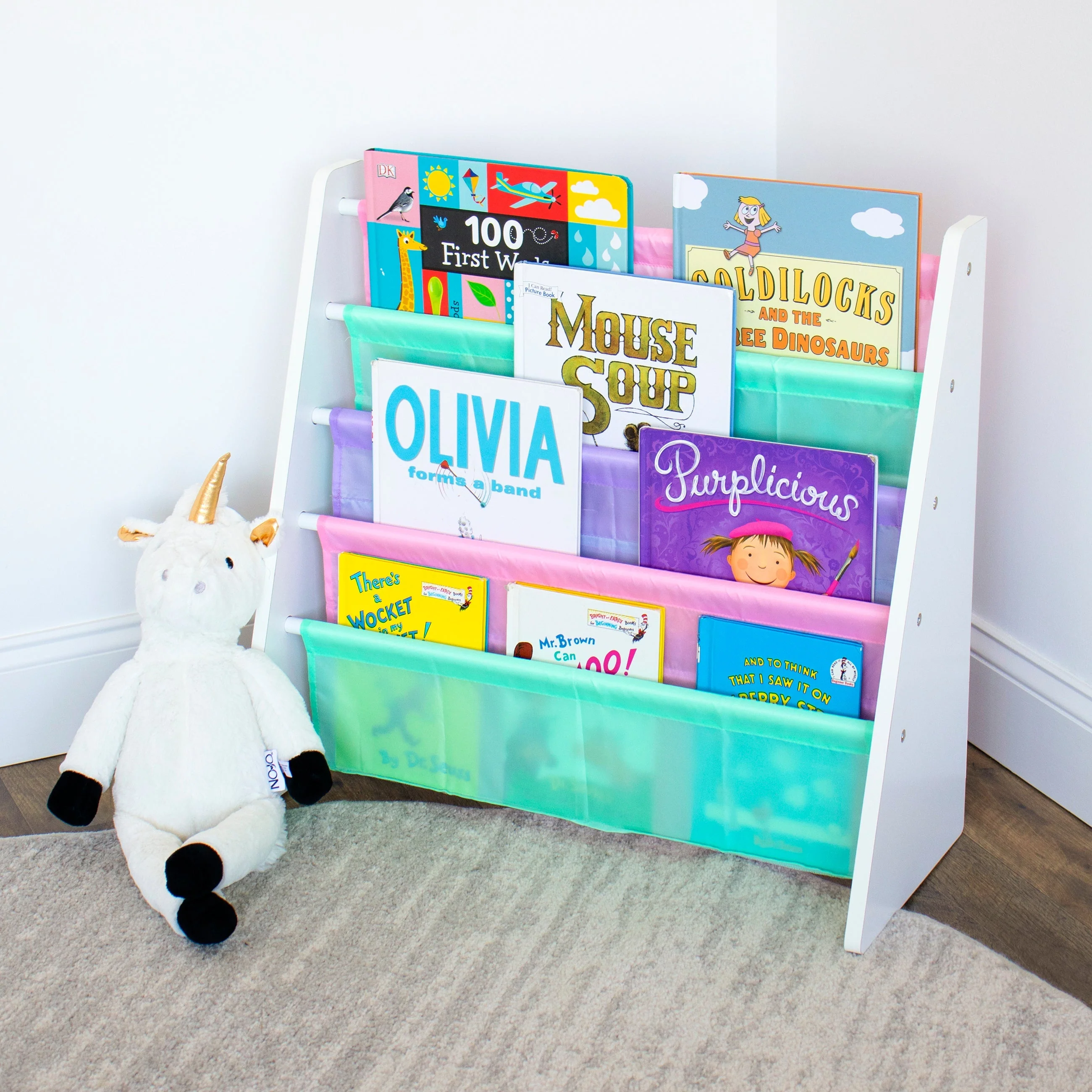 Holland Kids 4 Tier Book Rack Organizer, White/Pastel