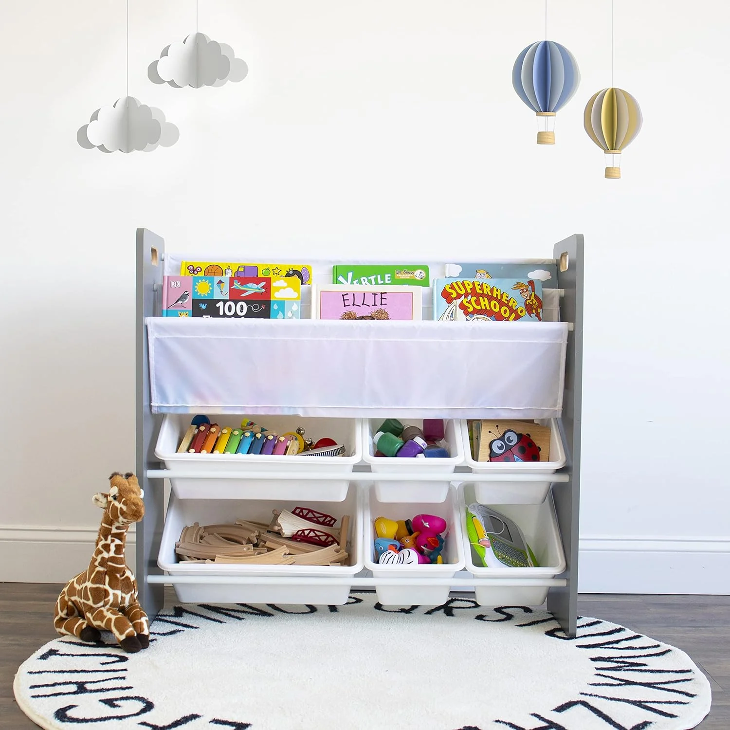 Humble Crew Inspire Kids Read n’ Play 6 Bin Toy Organizer and 2 Tier Bookrack, Grey/White