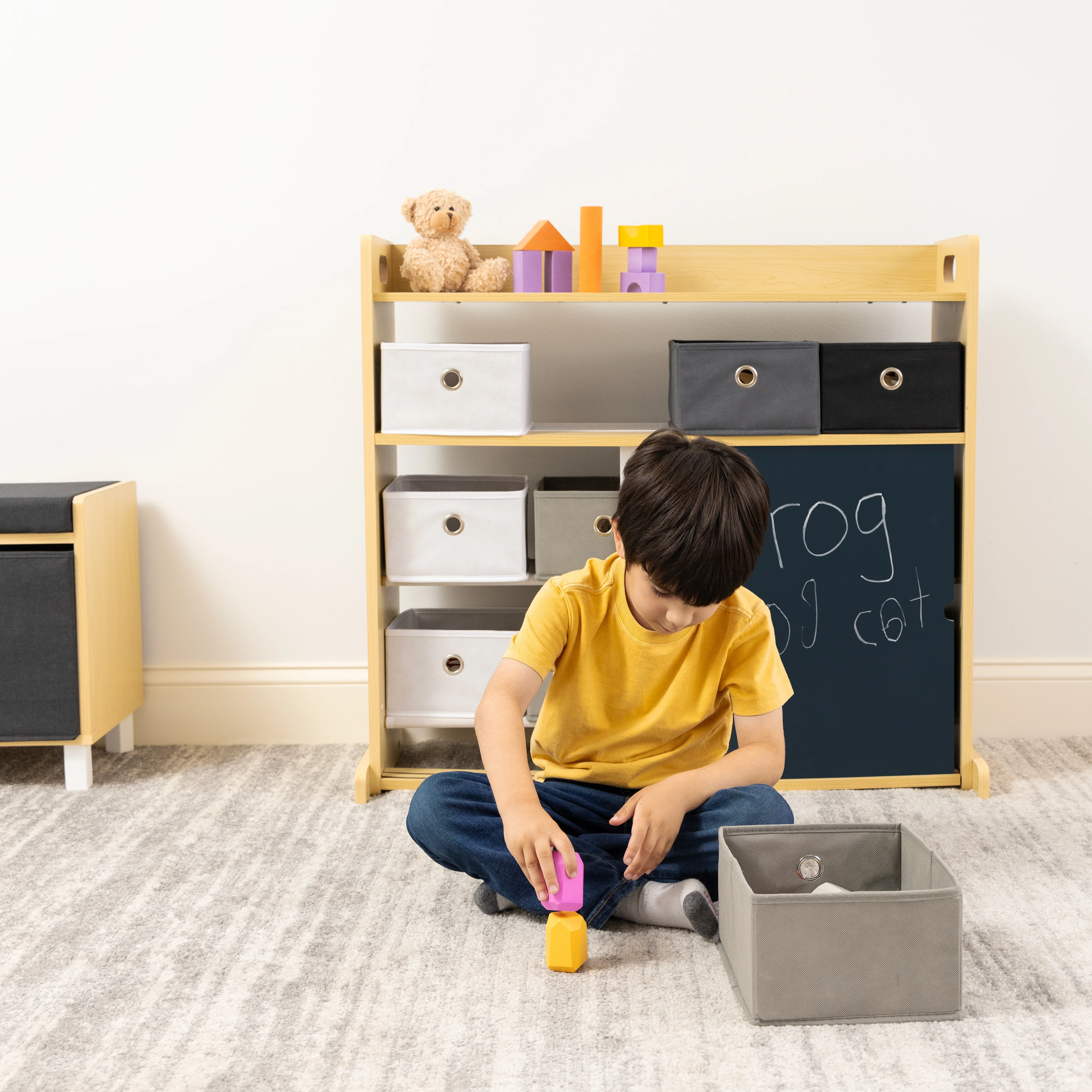 Humble Crew Dalton Toddler Organizer with 12 Fabric Bins & Doodle Doors, Natural/Black/White/Grey