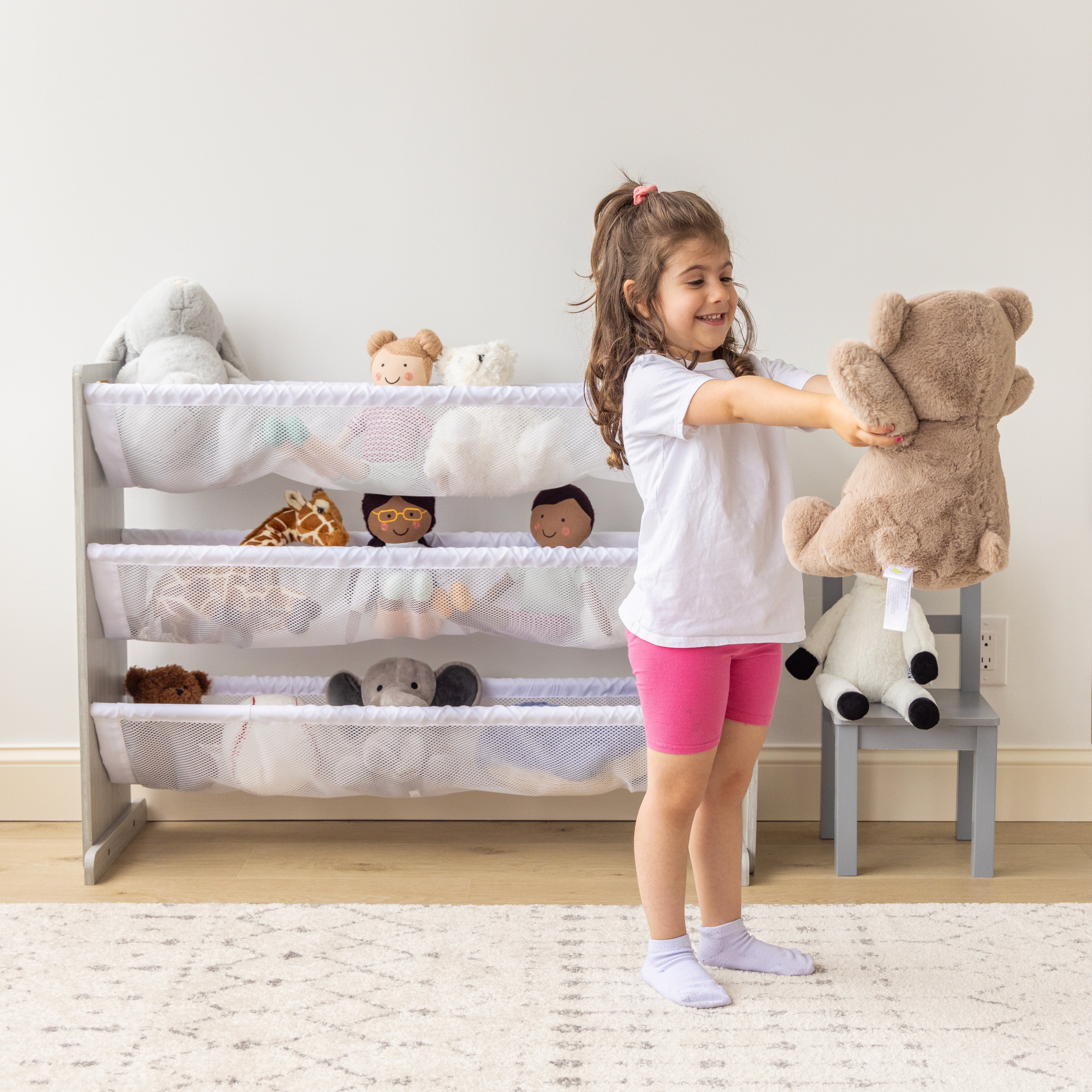 Humble Crew Slate Stuffed Animal Organizer with 3 Tiers, Grey Woodgrain/White