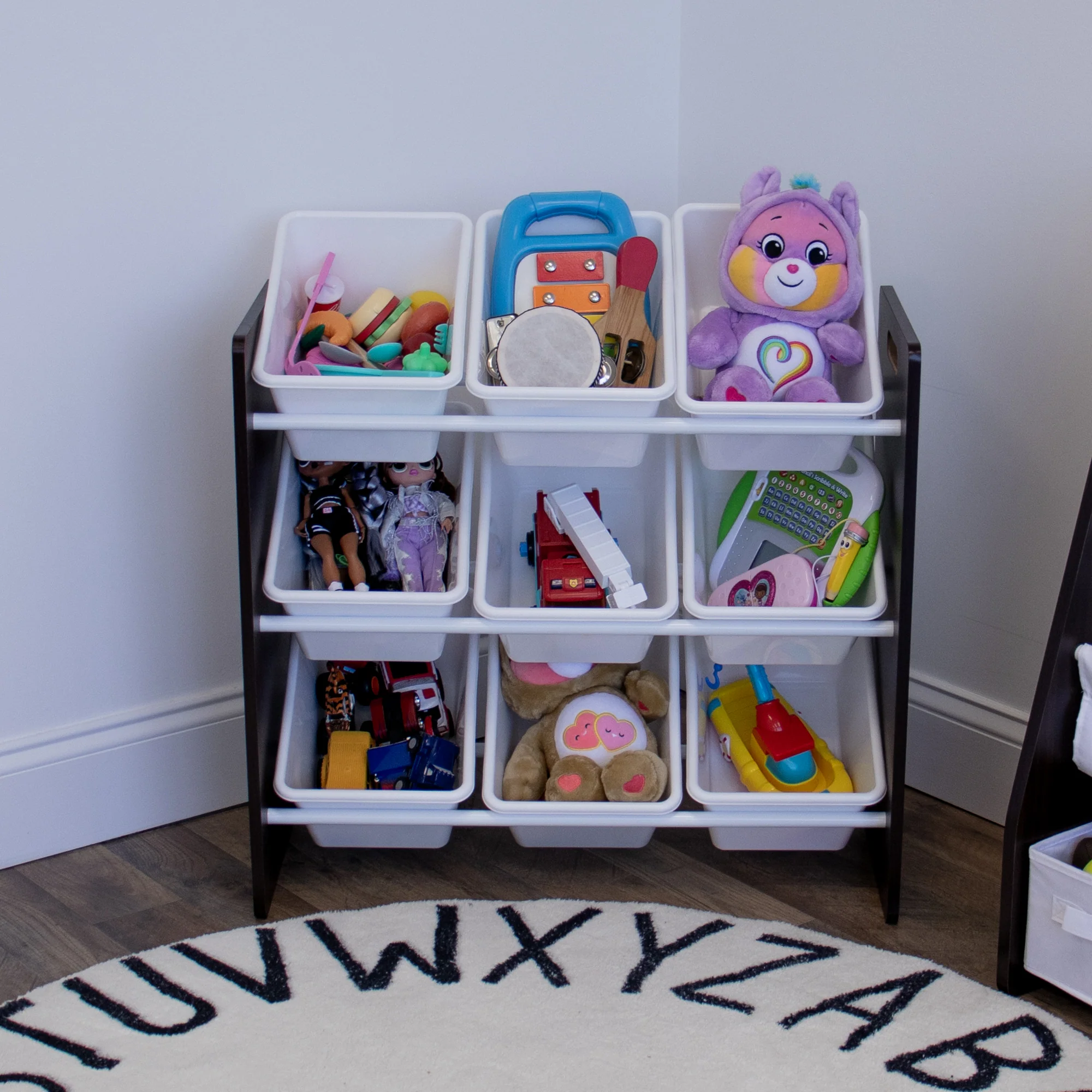 Humble Crew Espresso Toy Storage Organizer with 9 Plastic Storage Bins, Espresso/White