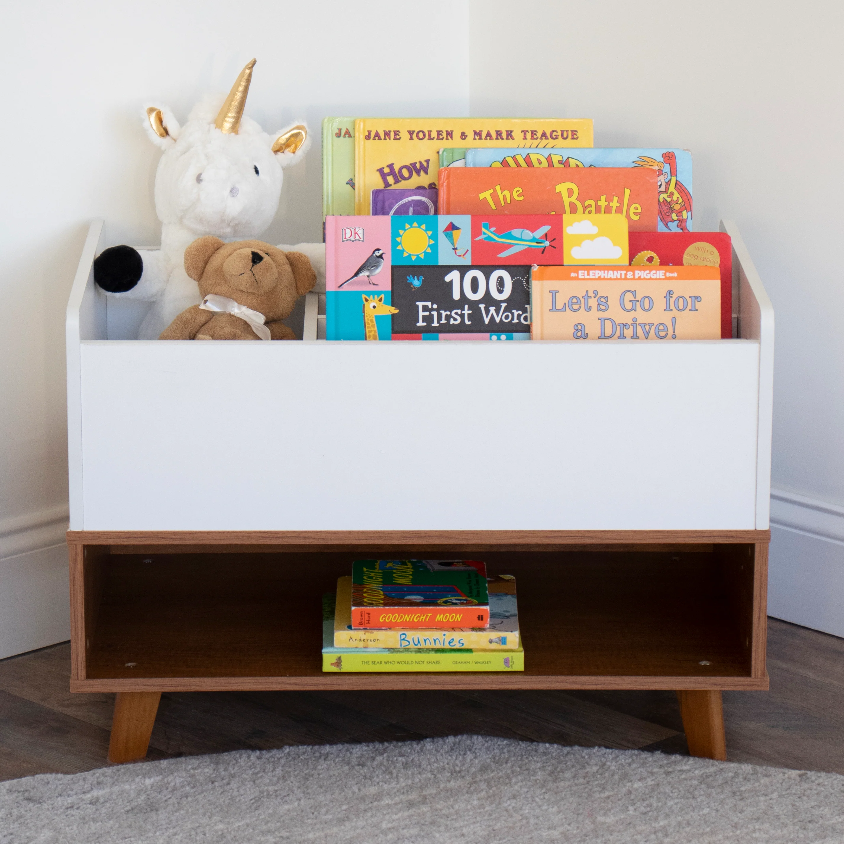 Humble Crew Bookshelf Caddy and Toy Storage with Shelf, Warm Wood/White
