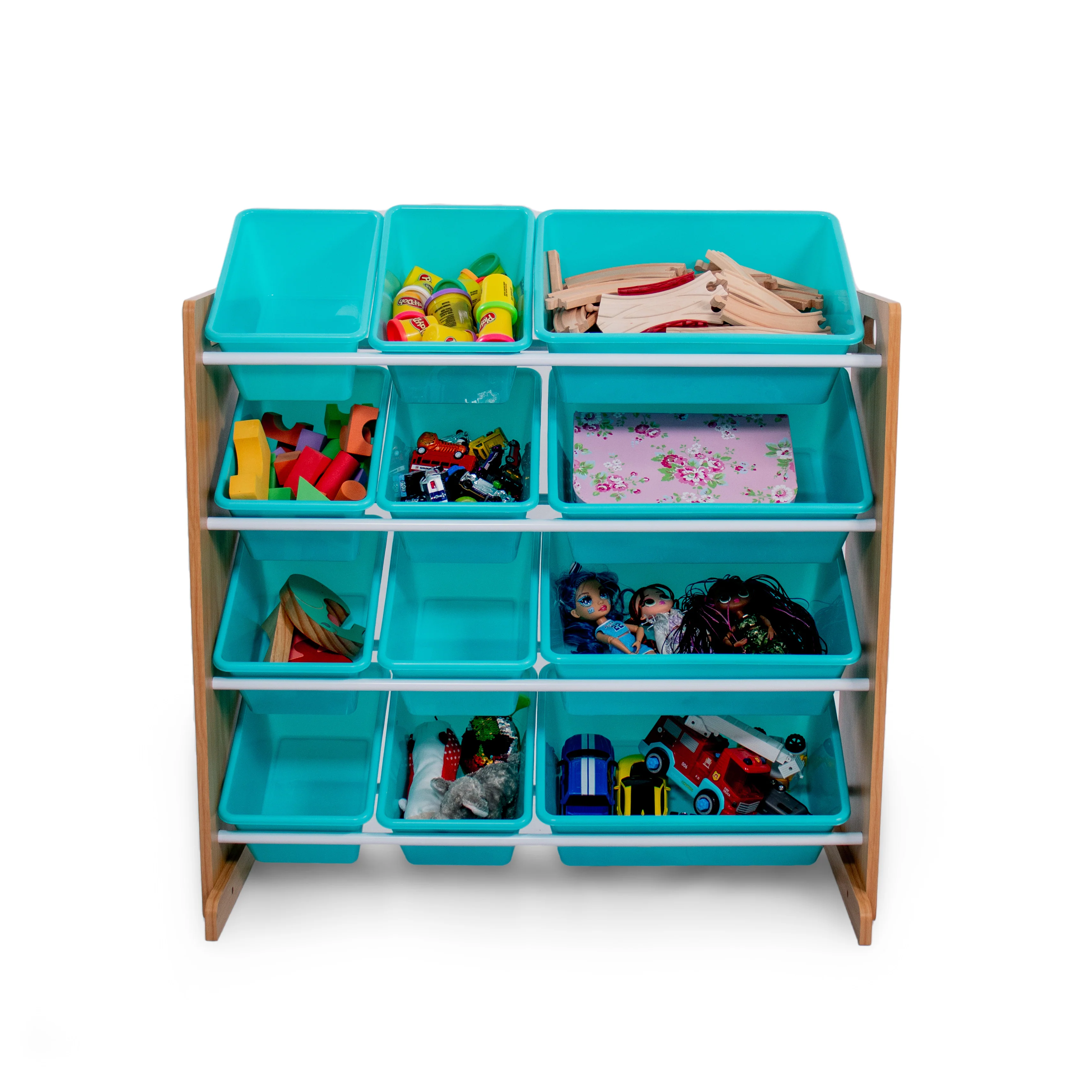 Humble Crew 12 Bin Toy Storage Organizer, Natural Wood/Aqua