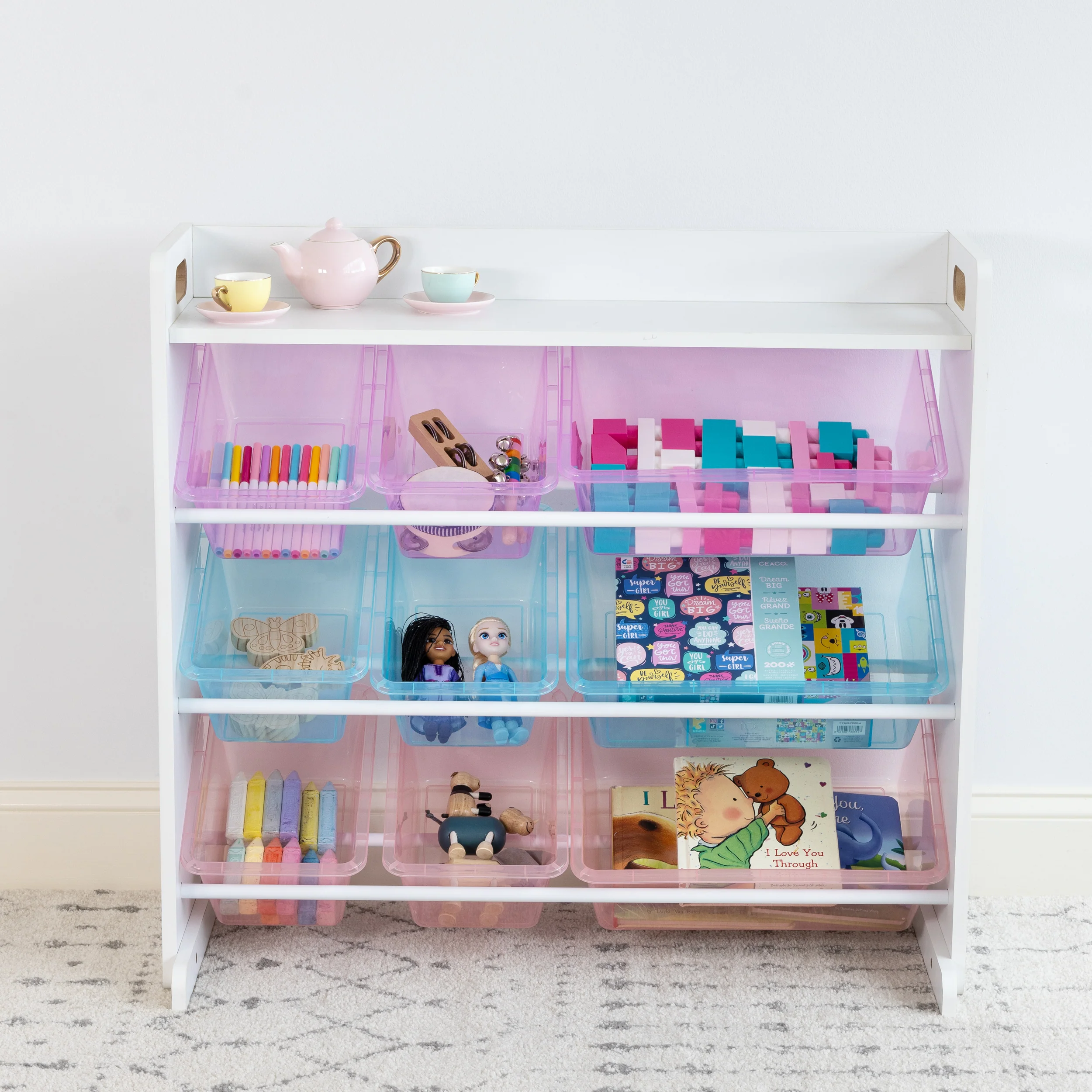 Humble Crew Unicorn Toy Storage Organizer with Shelf with 9 Plastic Storage Bins, White/Purple/Pink/Blue