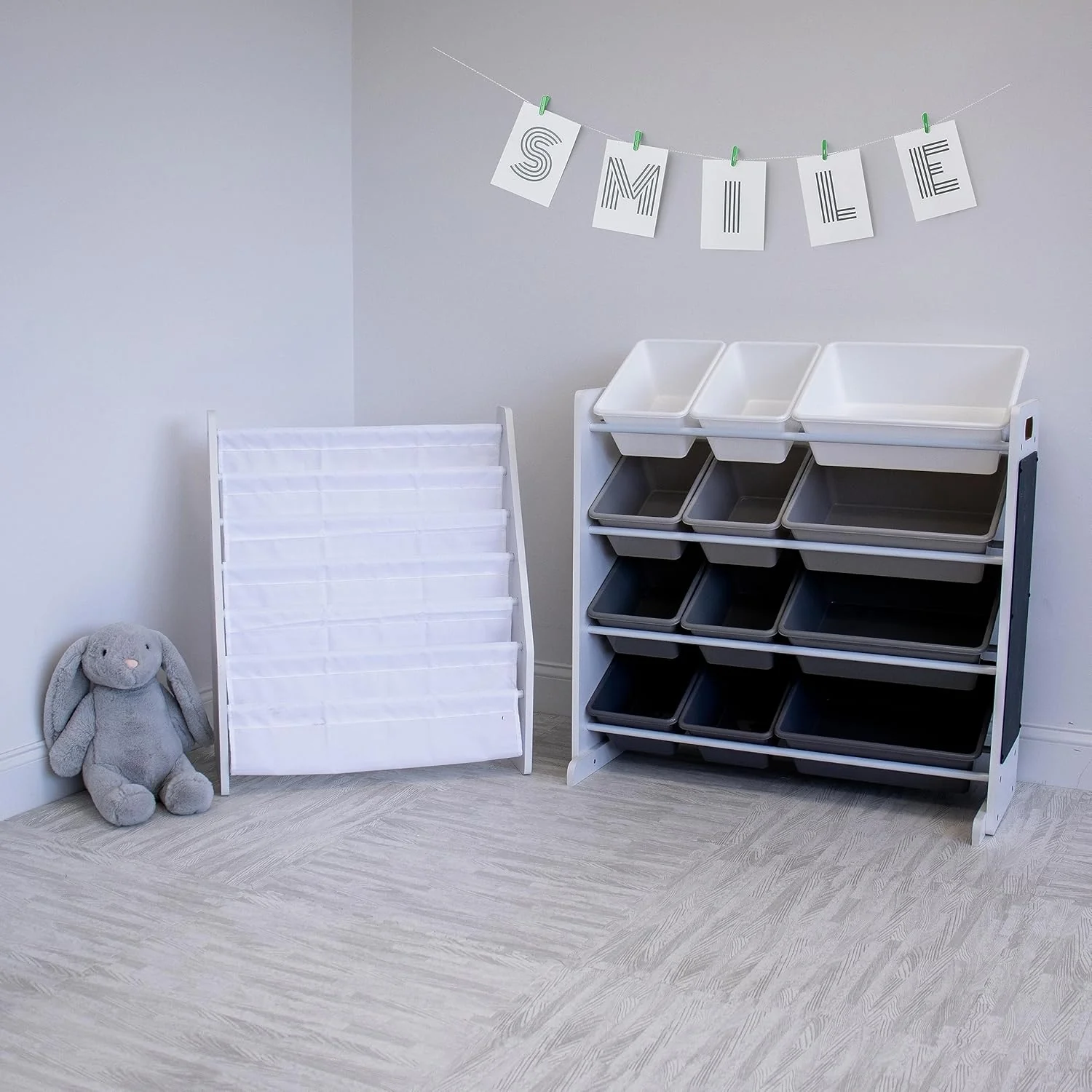 Humble Crew 12 Bin Toy Storage Organizer with Chalkboard, Eraser, and 2pc Chalk, White/Grey Gradient Ombre