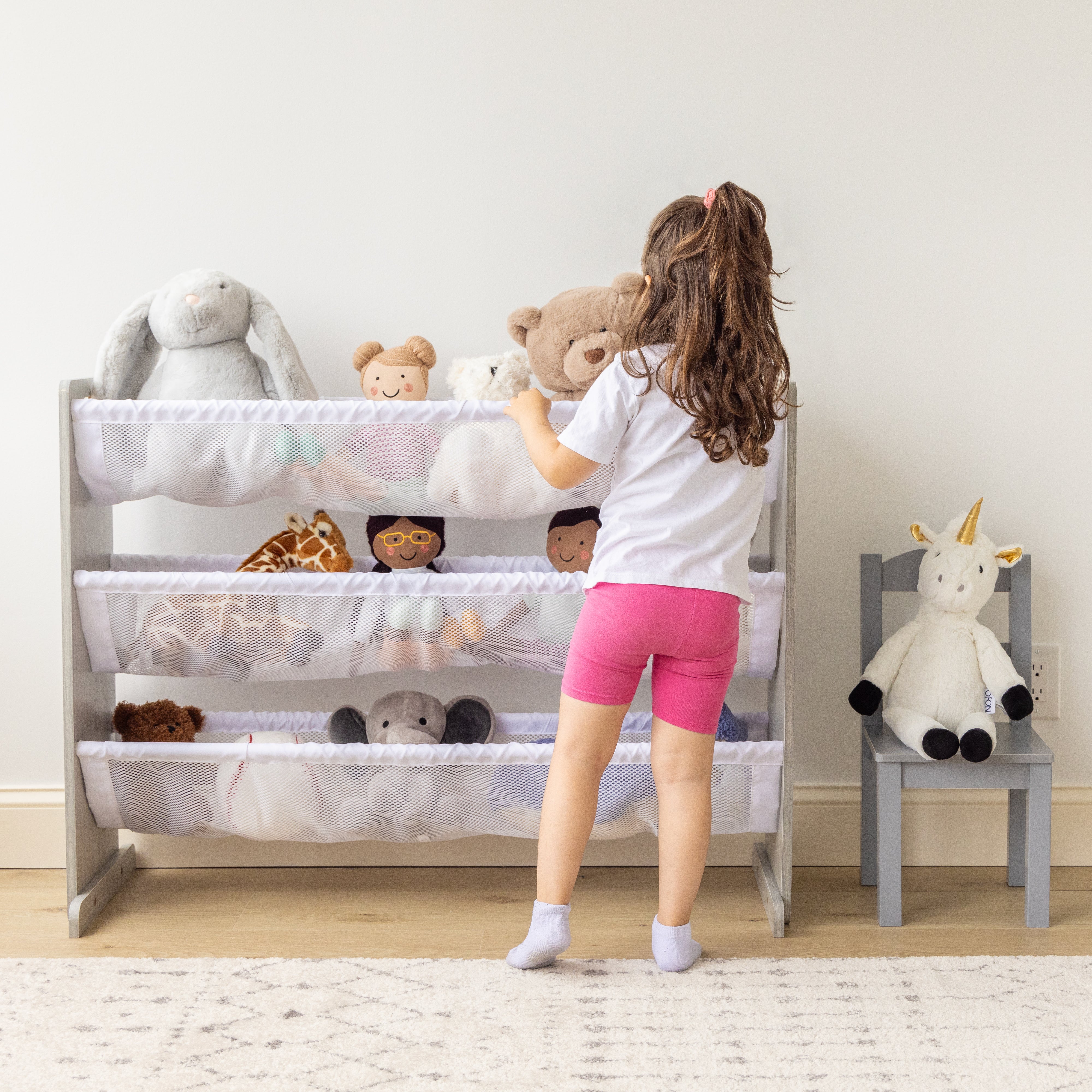 Humble Crew Slate Stuffed Animal Organizer with 3 Tiers, Grey Woodgrain/White