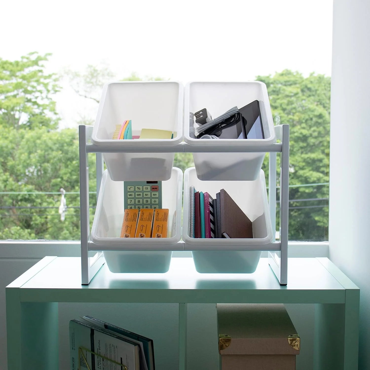 Humble Crew Cambridge Compact 4 Bin Organizer with Metal Frame, White