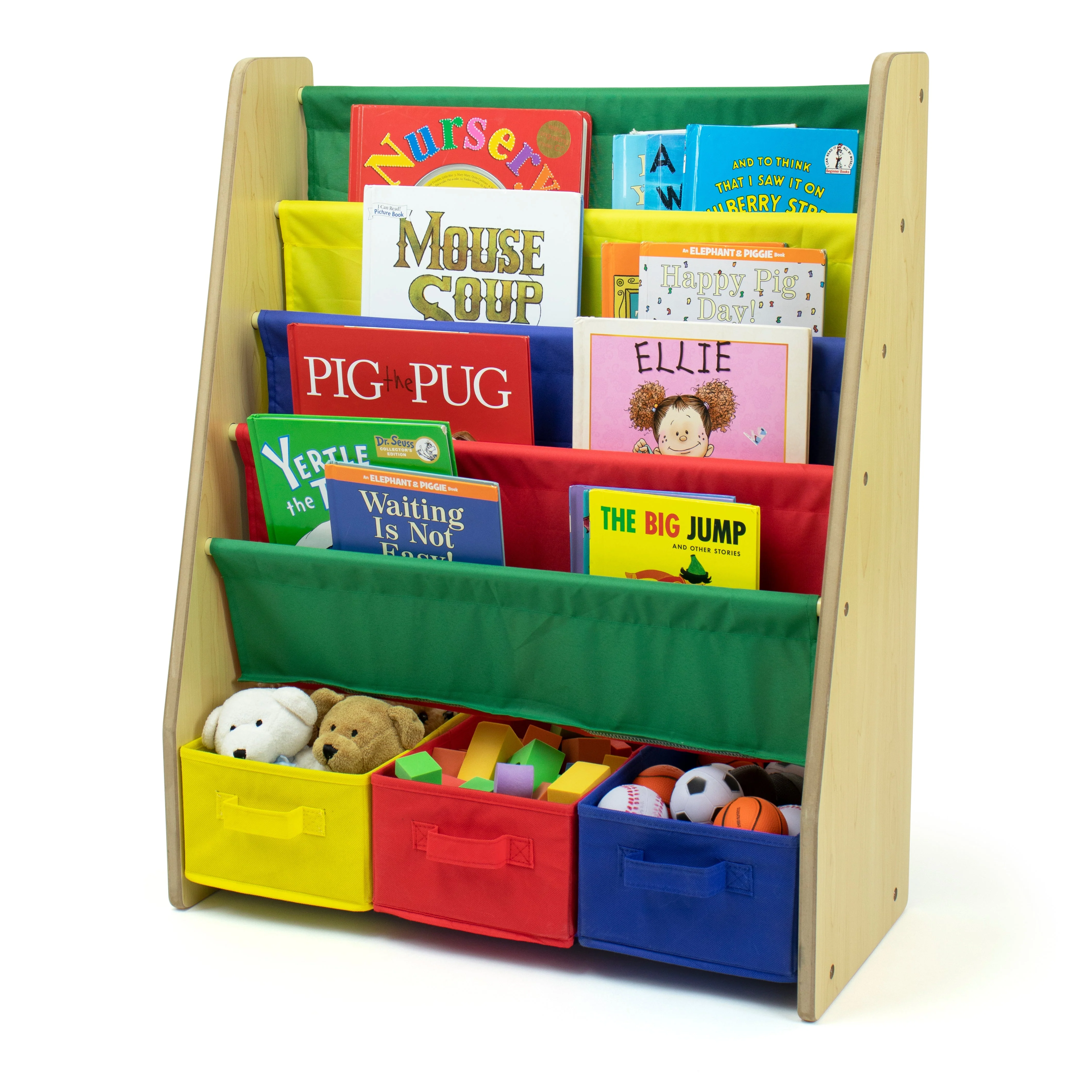Primary Kids Bookshelf 4 Tier Book Storage and Fabric Bin Organizer