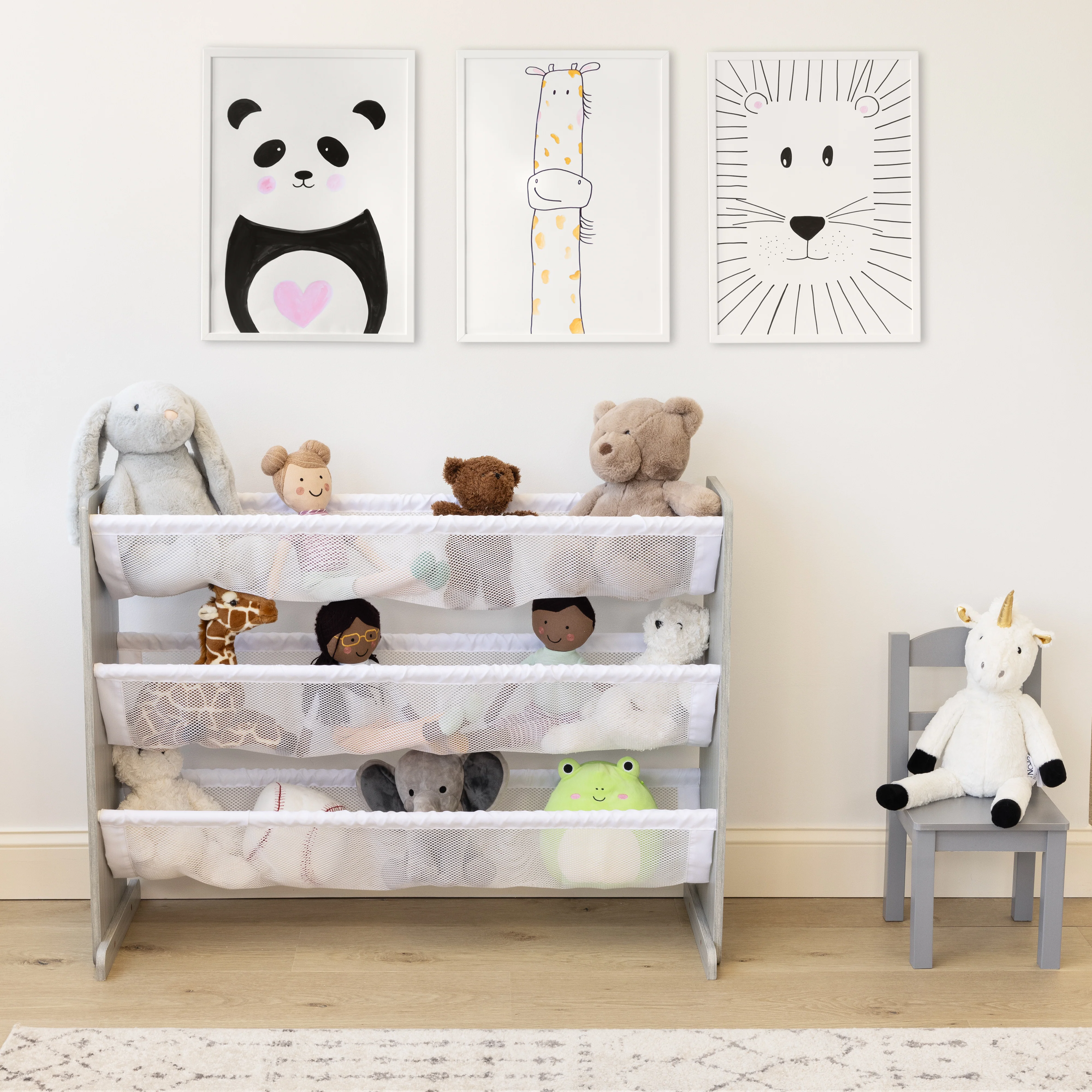 Humble Crew Slate Stuffed Animal Organizer with 3 Tiers, Grey Woodgrain/White