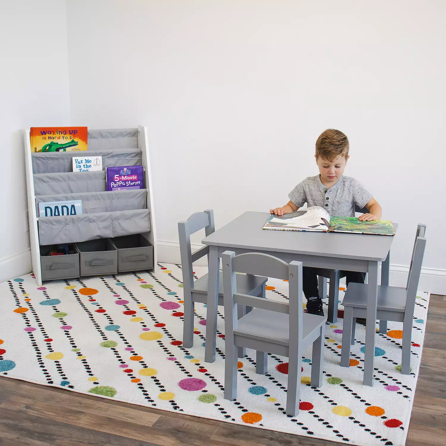 Humble Crew Springfield Kids Bookshelf 4 Tier Book Storage and Fabric Bin Organizer, Grey/White