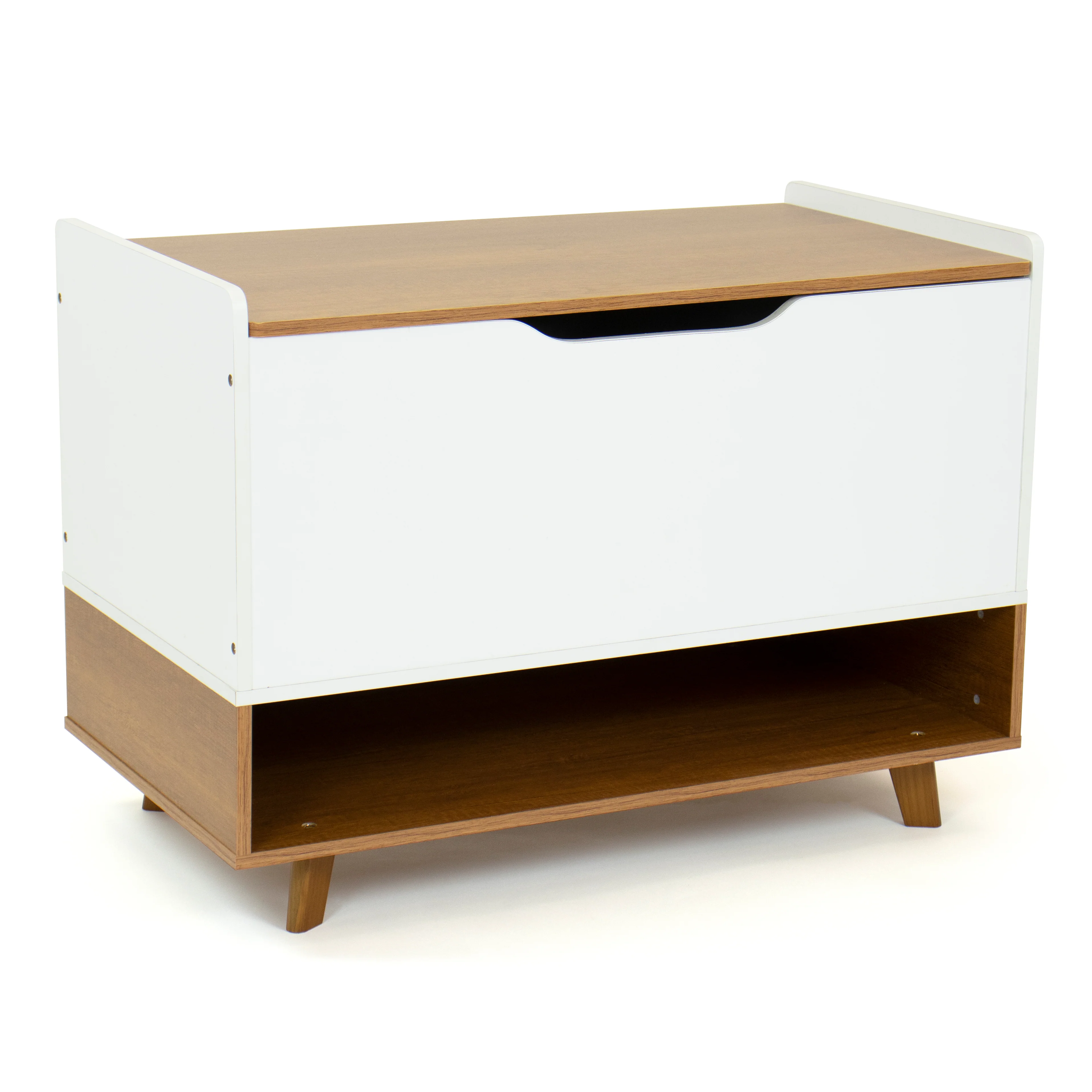 Humble Crew Morgan Mid-Century Modern Toy Box with Soft Close Lid and Storage Shelf Toy Chest, Warm Wood/White