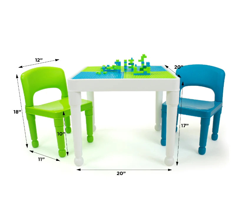 Kids 2-In-1 Square Activity Table and 2 Chair Set with 100 Pc Plastic Building Block Starter Set White/Green/Blue