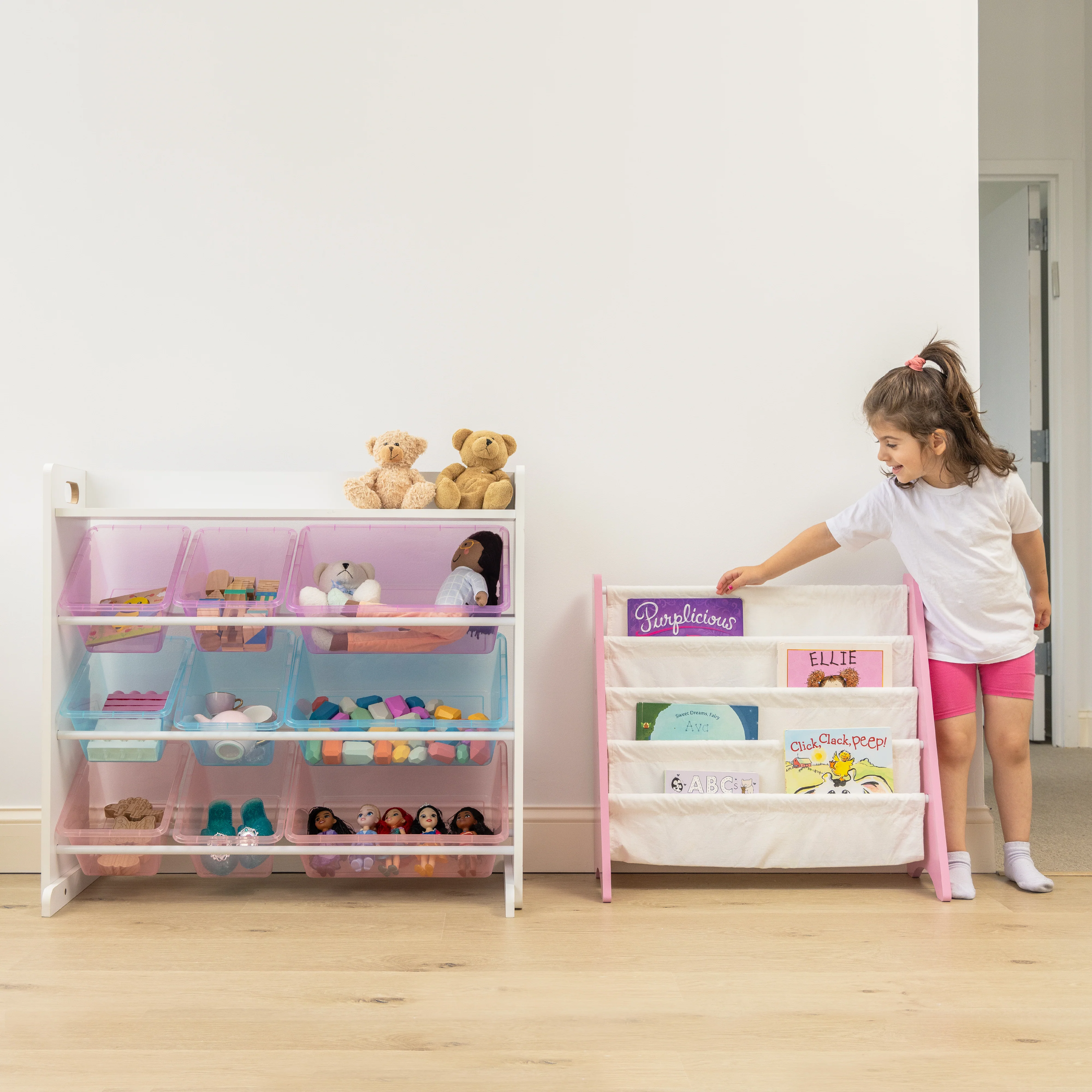 Humble Crew Carly Bookshelf 4 Tier Book Storage, Pink/White