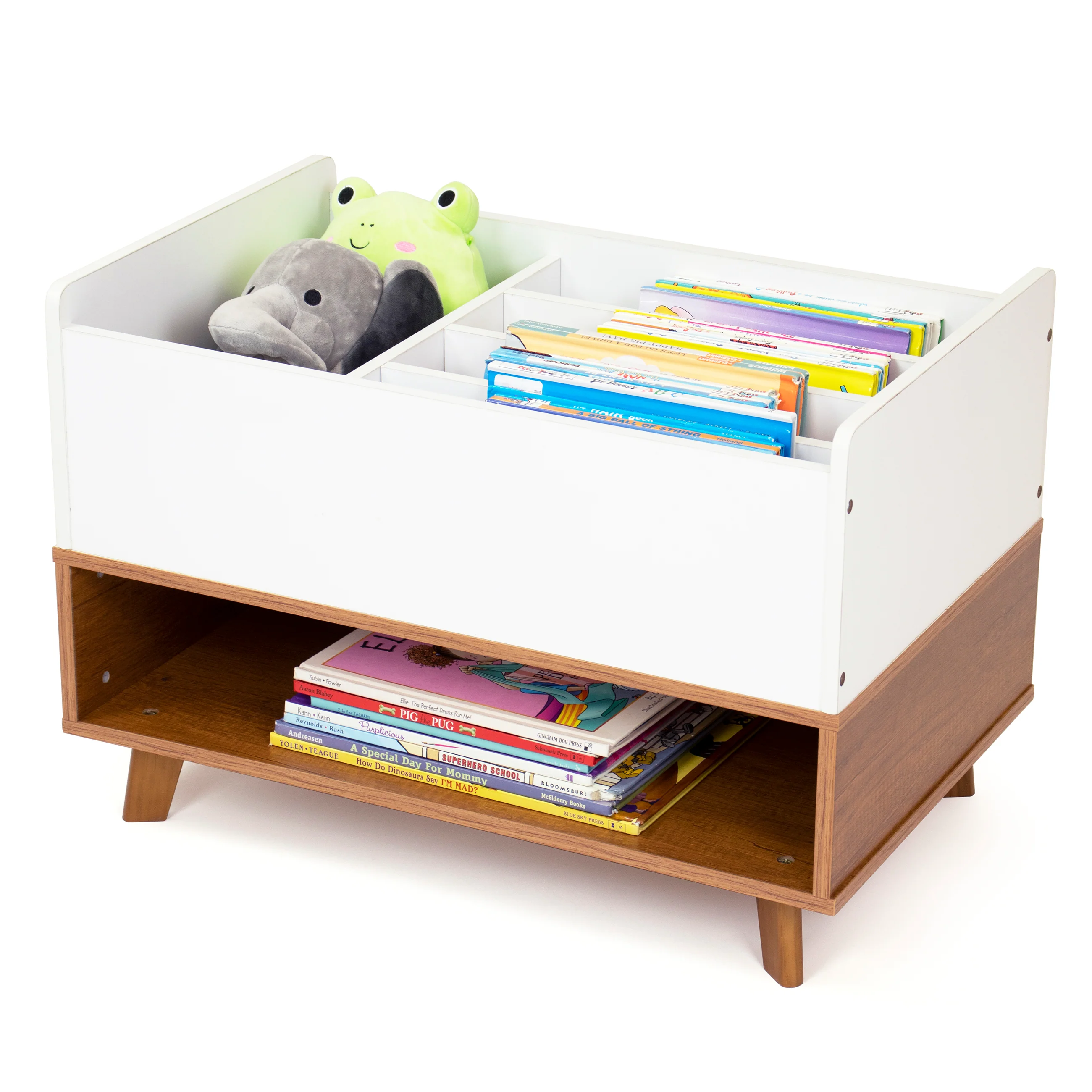 Humble Crew Bookshelf Caddy and Toy Storage with Shelf, Warm Wood/White