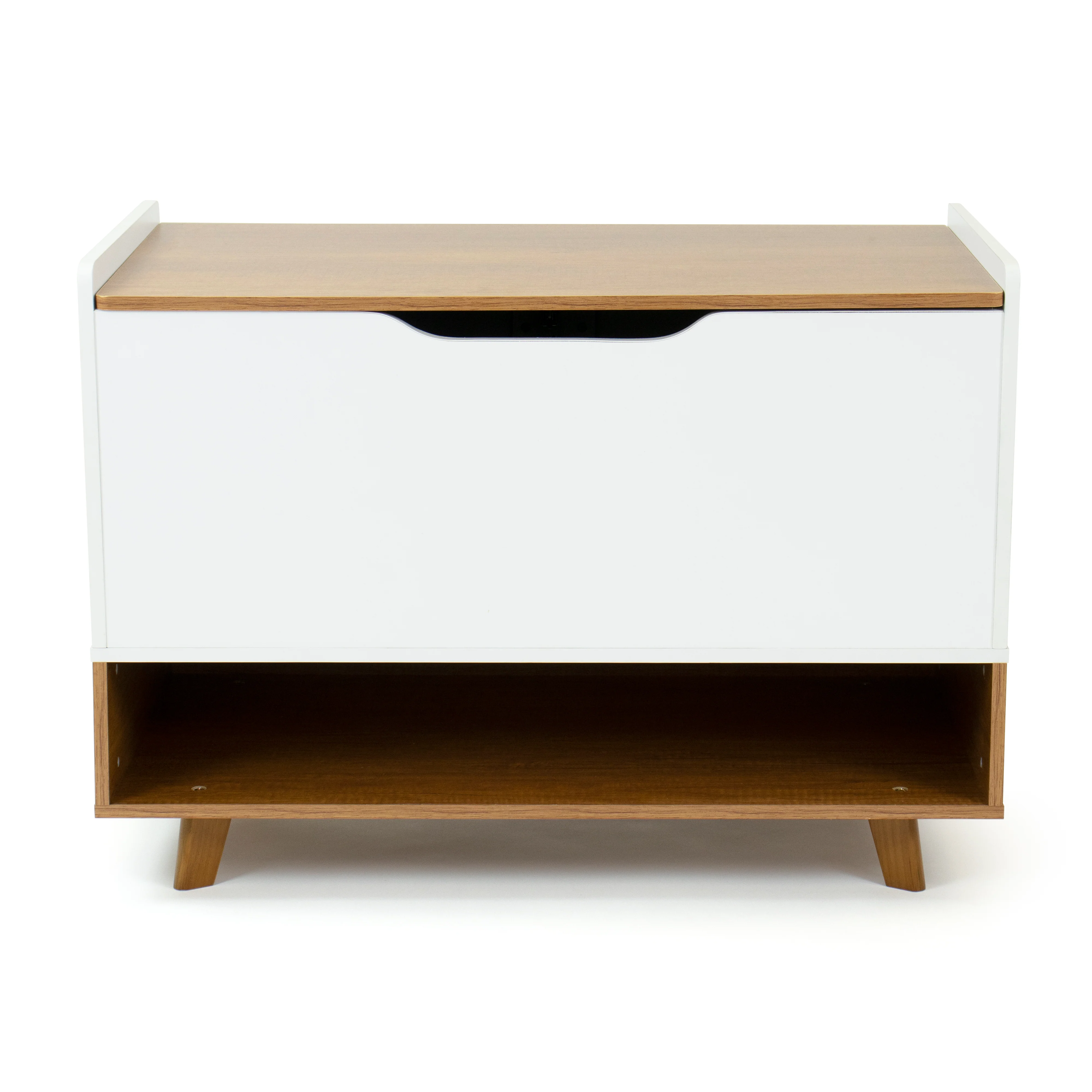 Humble Crew Morgan Mid-Century Modern Toy Box with Soft Close Lid and Storage Shelf Toy Chest, Warm Wood/White