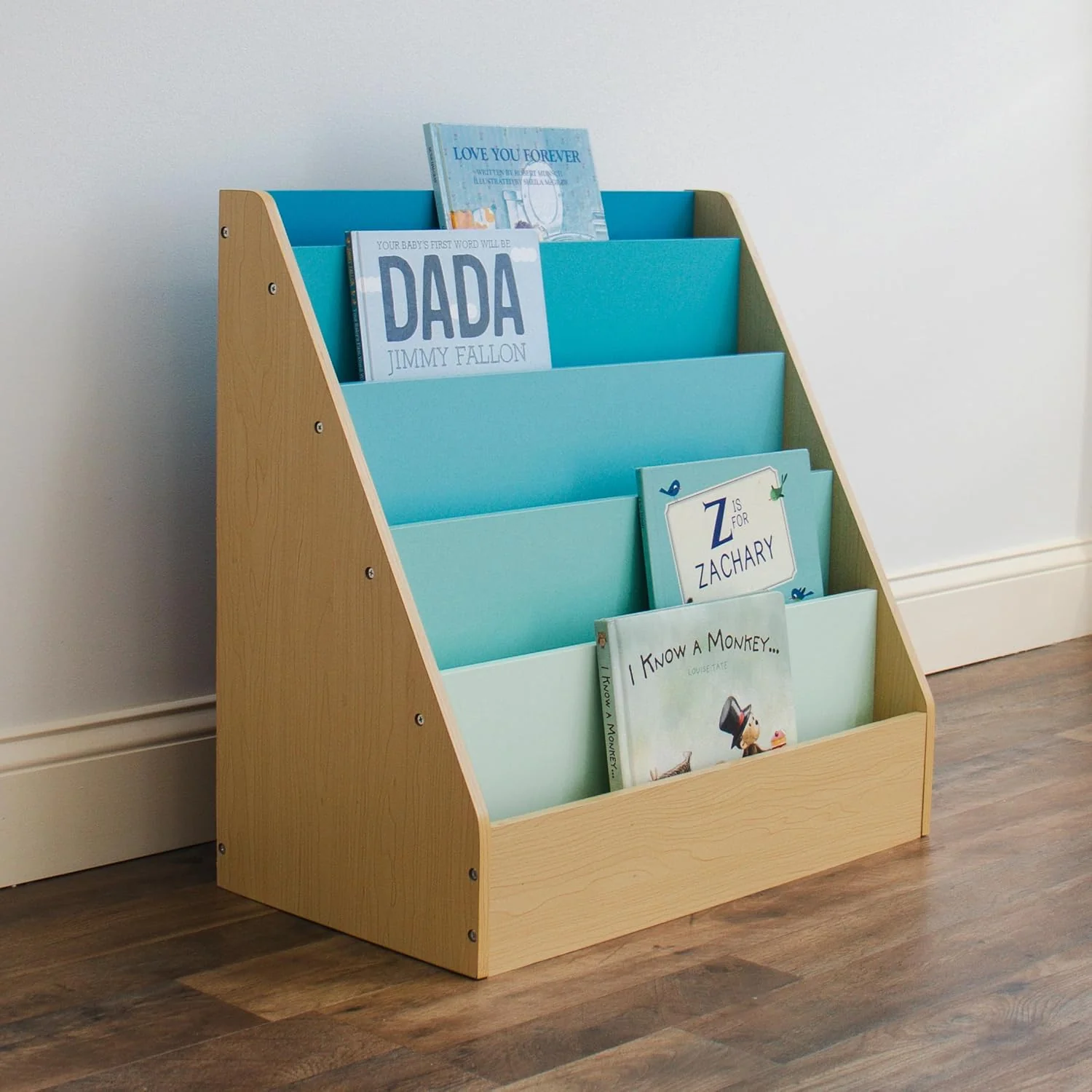 Humble Crew Skylar Children's Wooden Bookcase Storage Rack with 5 Tiers, Natural/Aqua