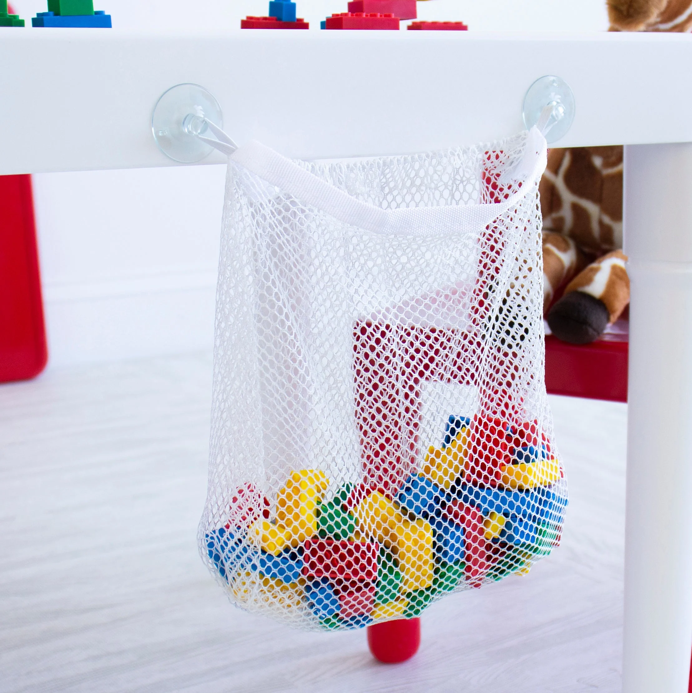 Kids 2-in-1 Plastic Building Blocks-Compatible Activity Table and 2 Chairs Set, Square, White/Blue/Red