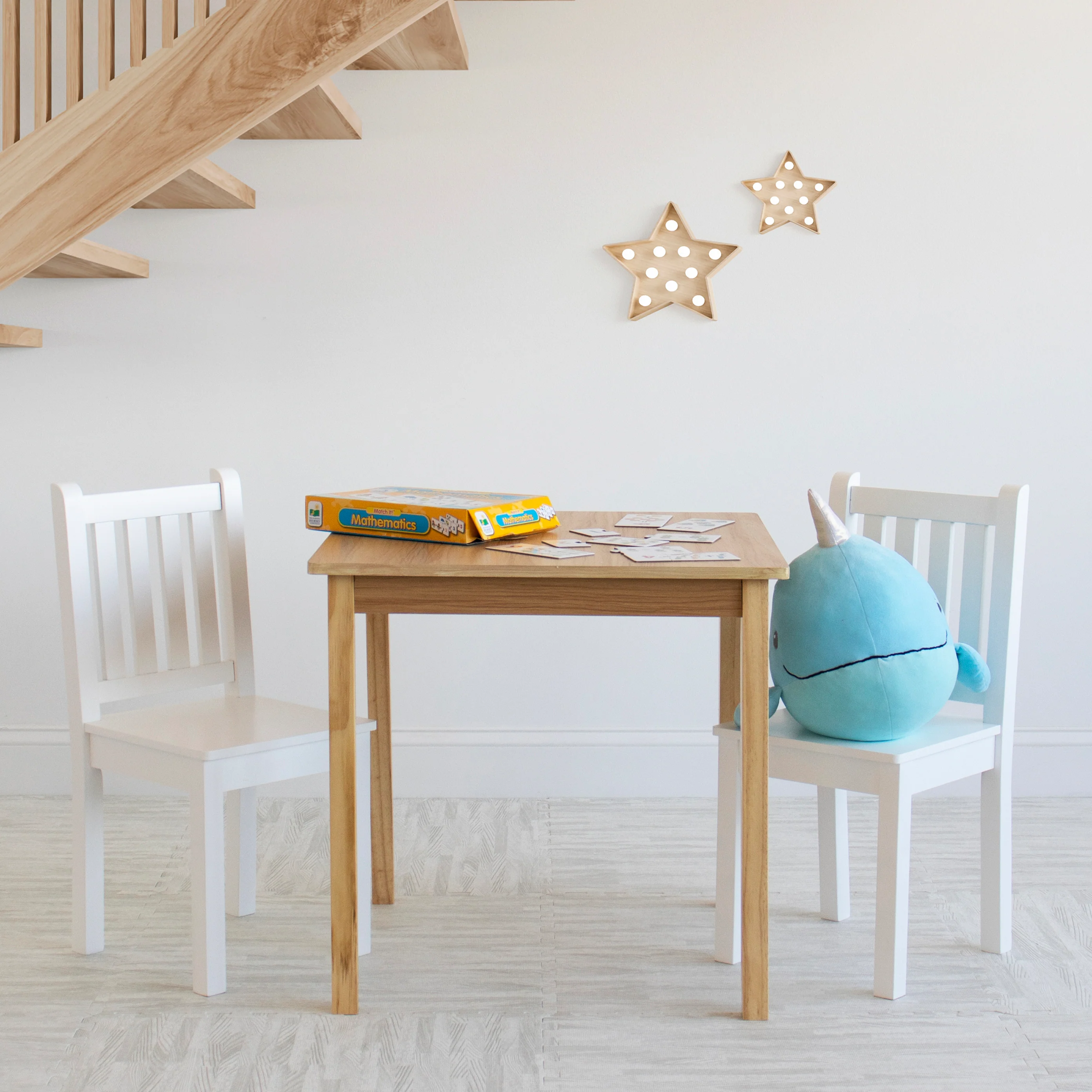 Humble Crew Journey Kids Wood Table and 2 Chairs Set, Square, Natural/White