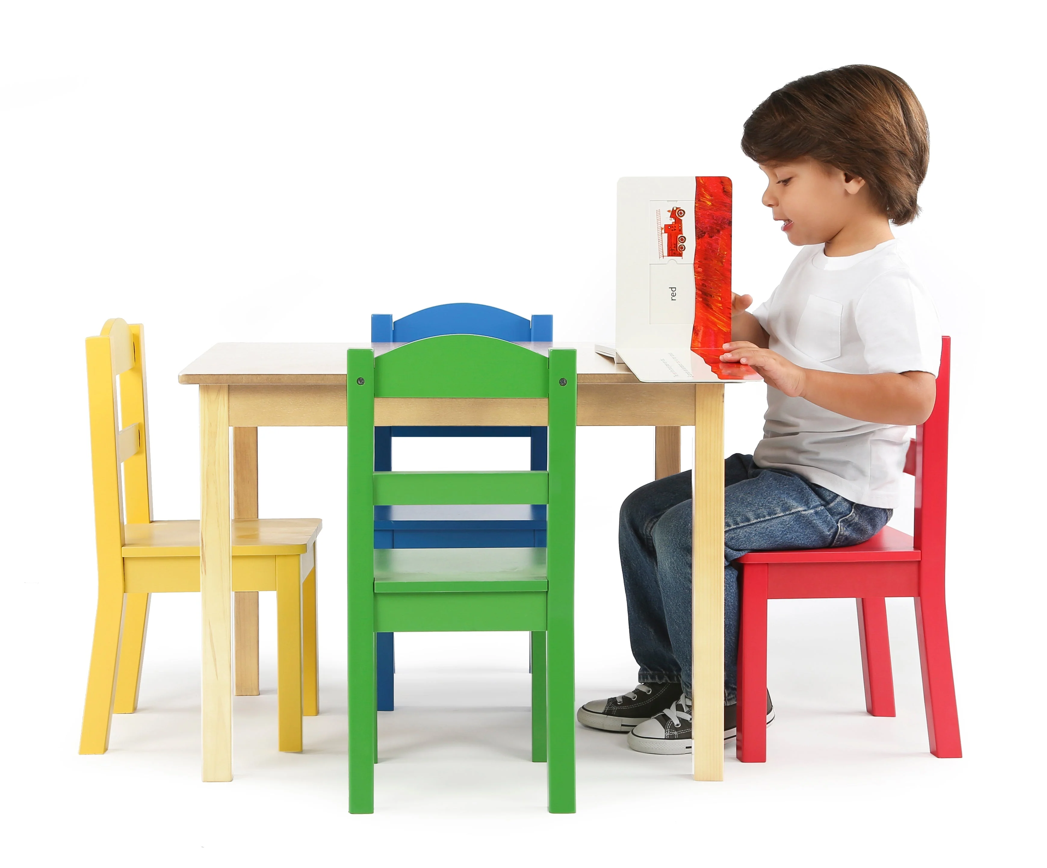 Primary Natural Wood Table & 4 Primary Chairs