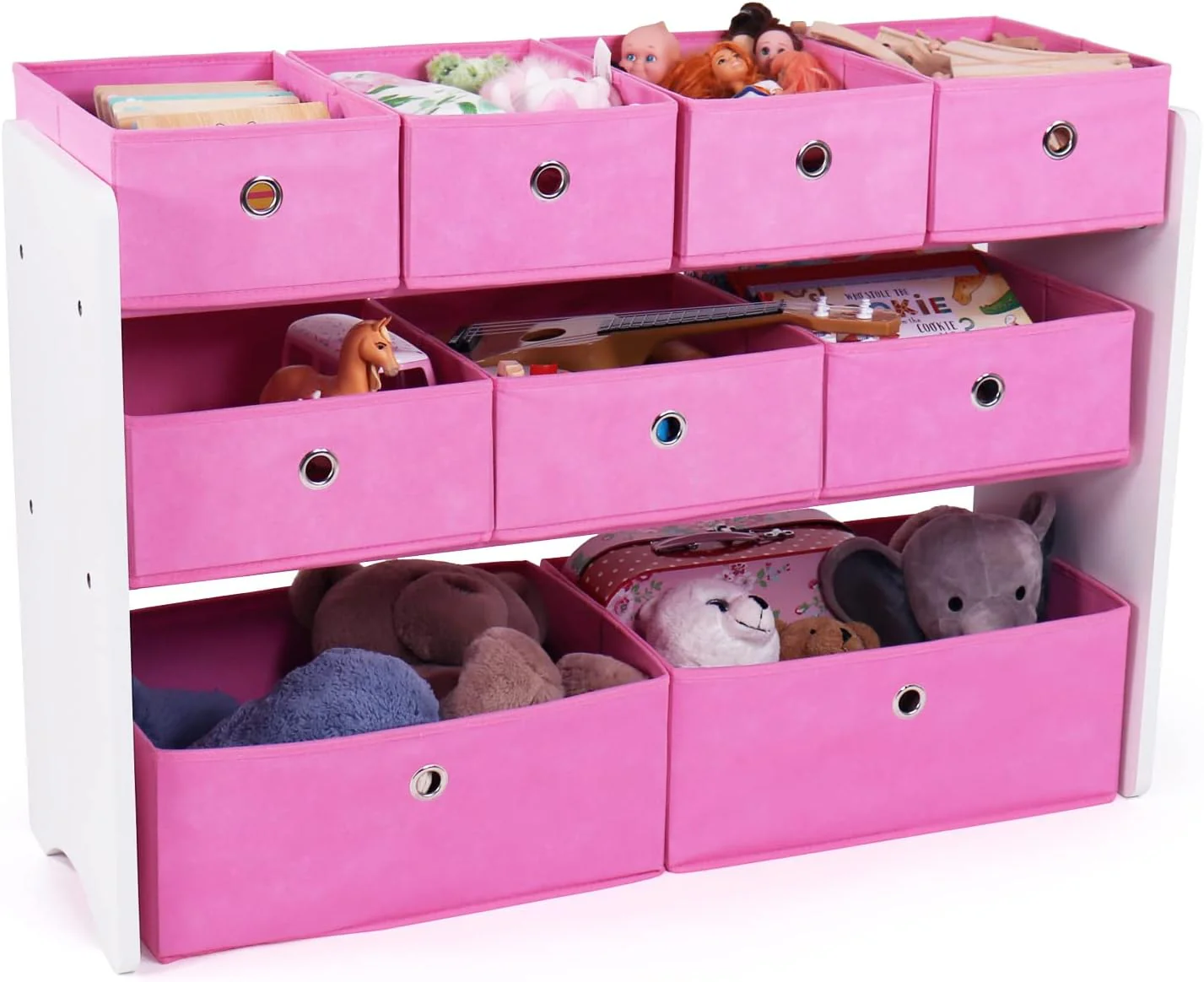 Humble Crew Carly Kids Toy Storage Organizer with 9 Collapsible Fabric Storage Bins, White and Pink