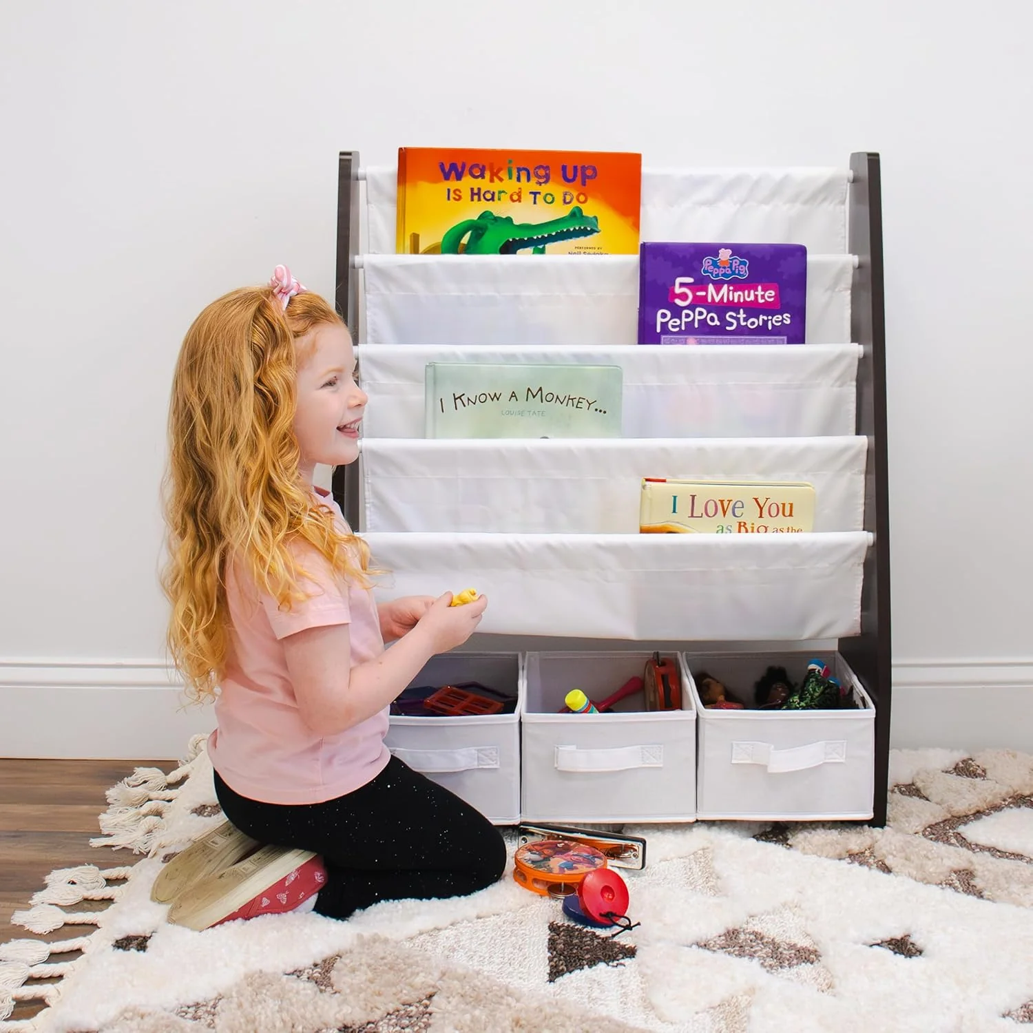 Humble Crew Kids Bookshelf 4 Tier Book Storage and Fabric Bin Organizer, Espresso