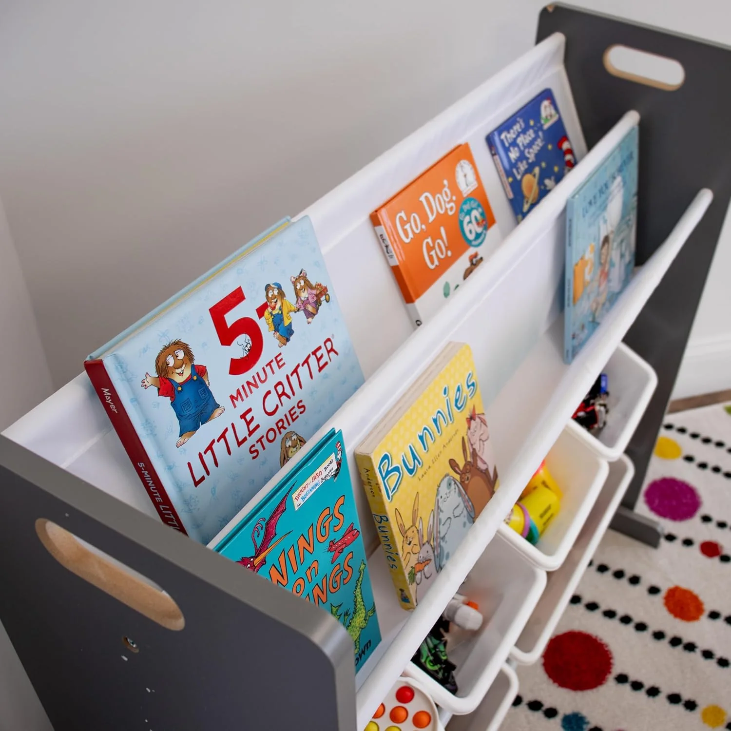 Humble Crew Inspire Kids Read n’ Play 6 Bin Toy Organizer and 2 Tier Bookrack, Grey/White