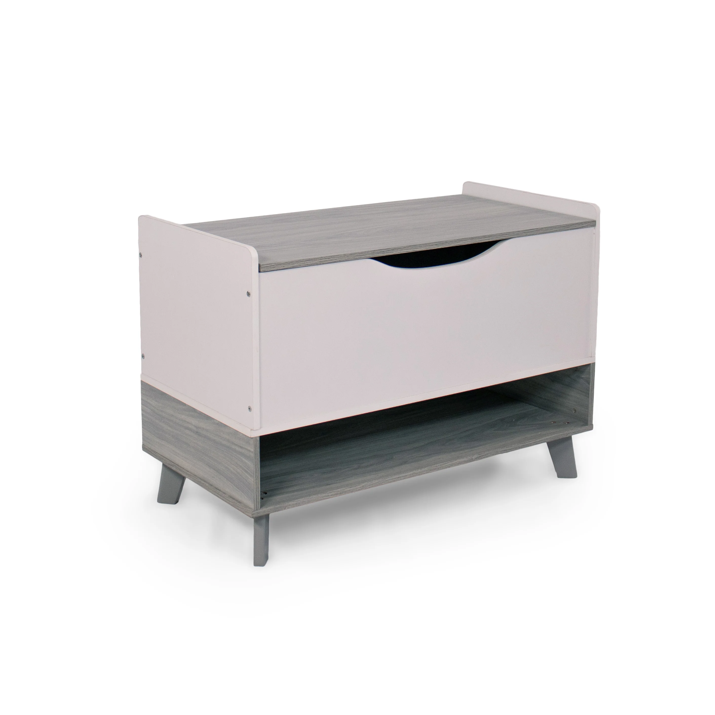 Humble Crew Slate Mid-Century Modern Toy Box with Soft Close Lid and Storage Shelf Toy Chest, Grey Wood Grain/White