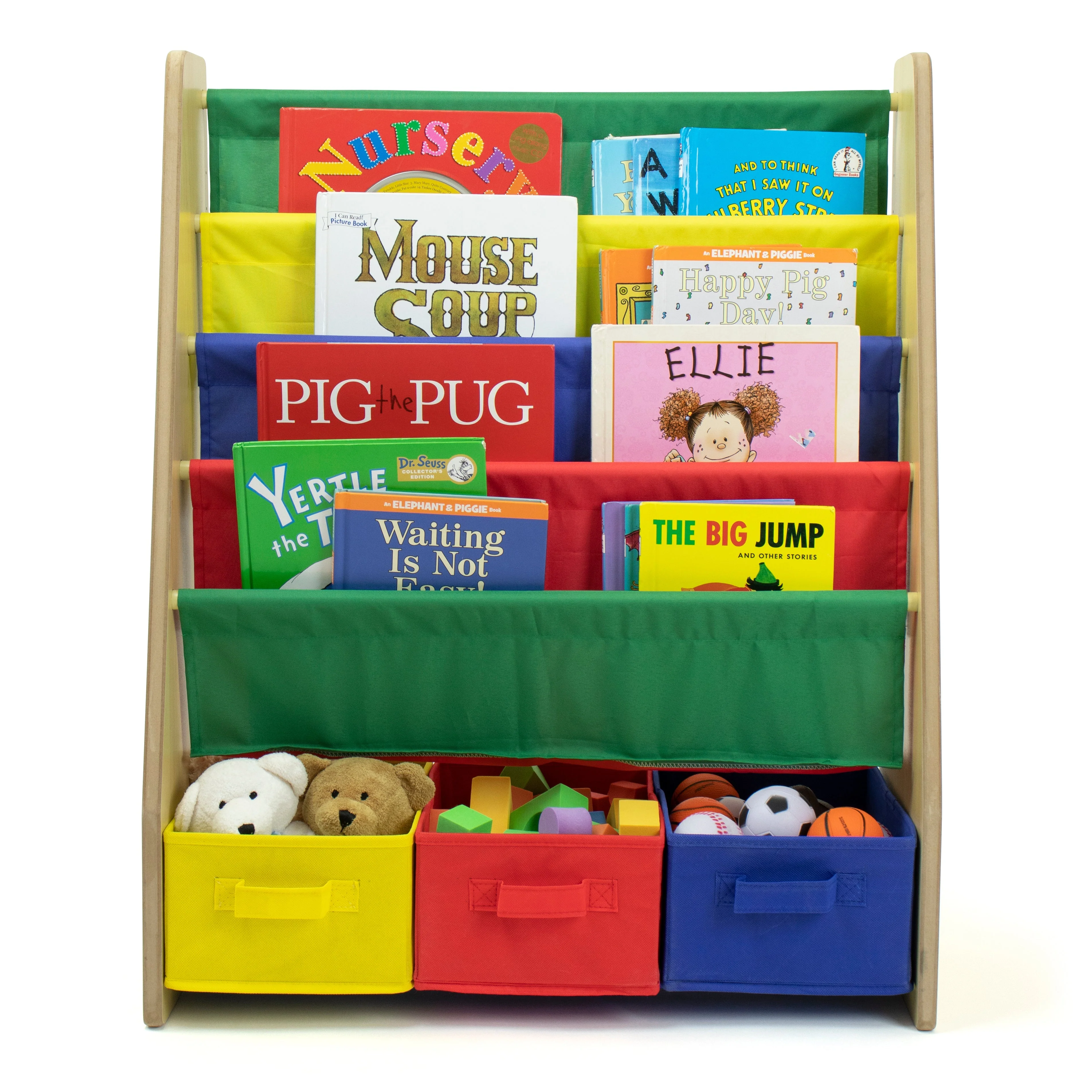 Primary Kids Bookshelf 4 Tier Book Storage and Fabric Bin Organizer