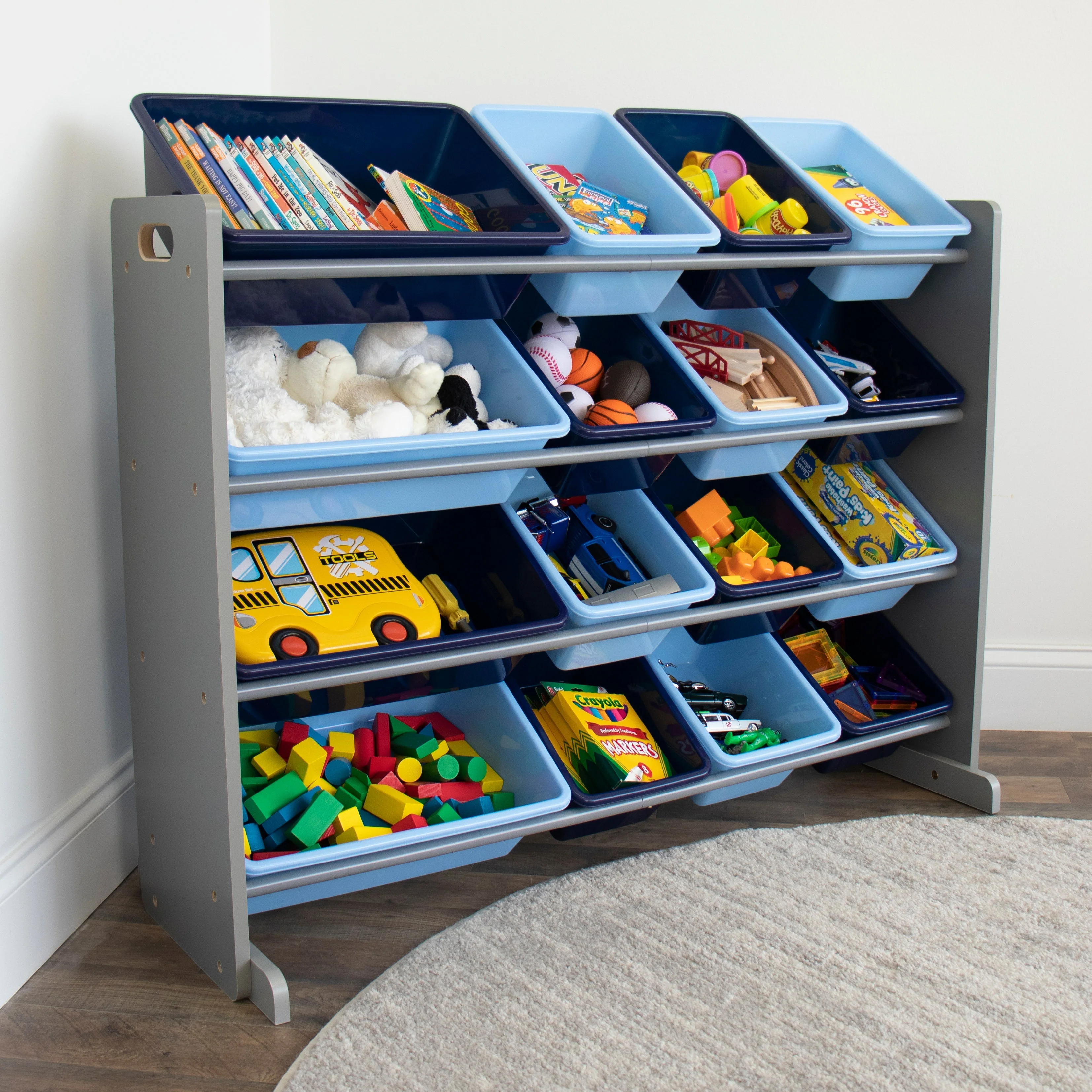 Leo Supersized Extra Large Grey and Blue 16-Bin Toy Organizer