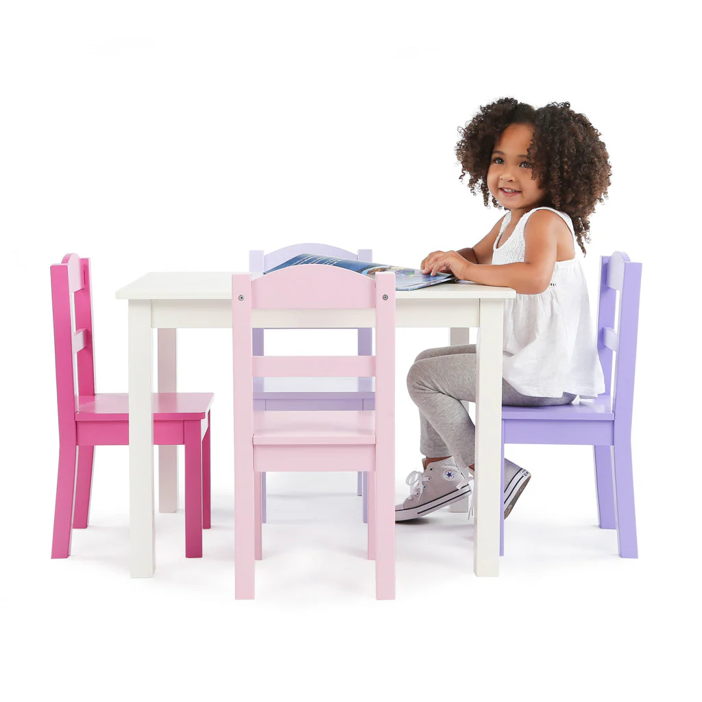 Forever White Wood Kids Table & 4 Pink and Purple Chairs