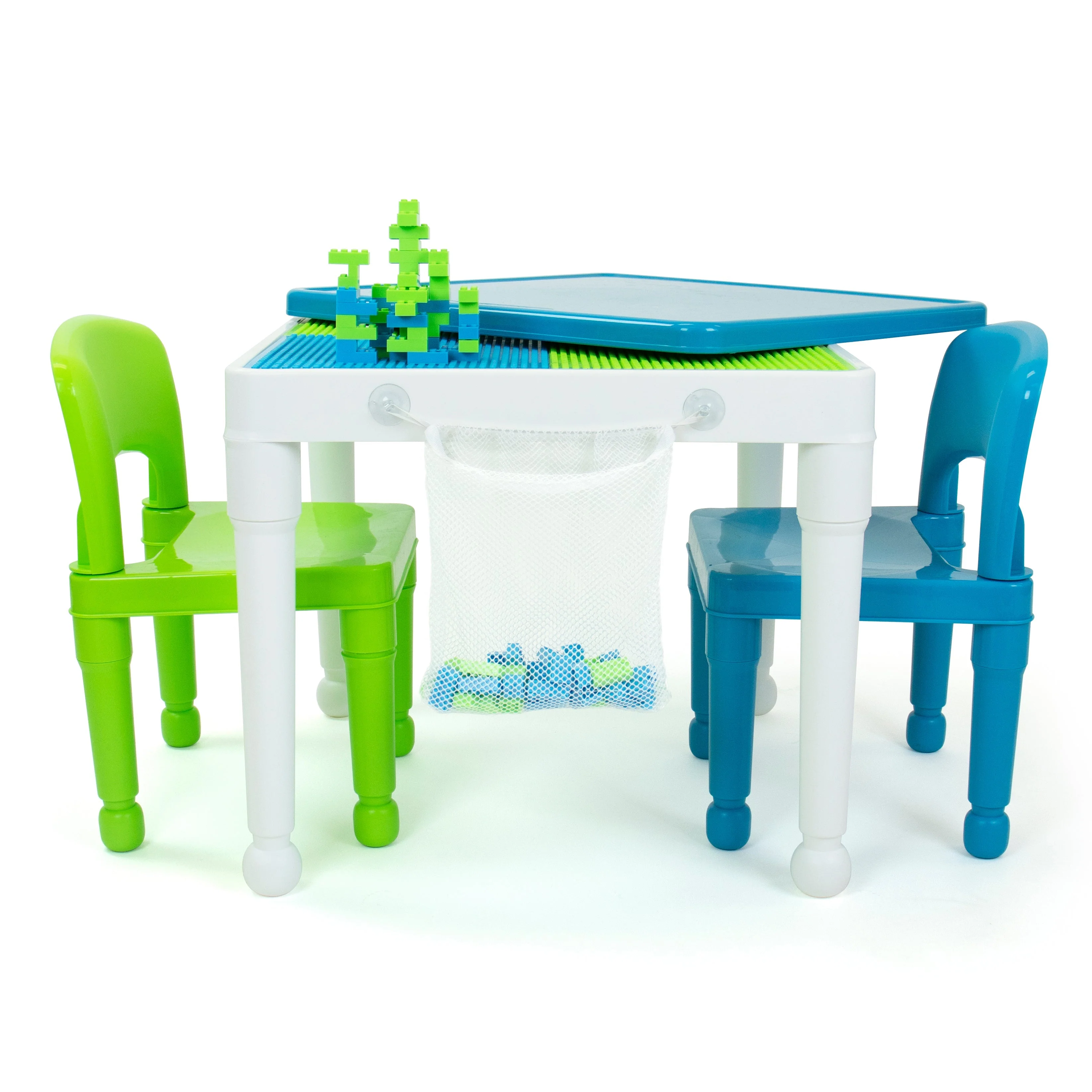 Kids 2-In-1 Square Activity Table and 2 Chair Set with 100 Pc Plastic Building Block Starter Set White/Green/Blue