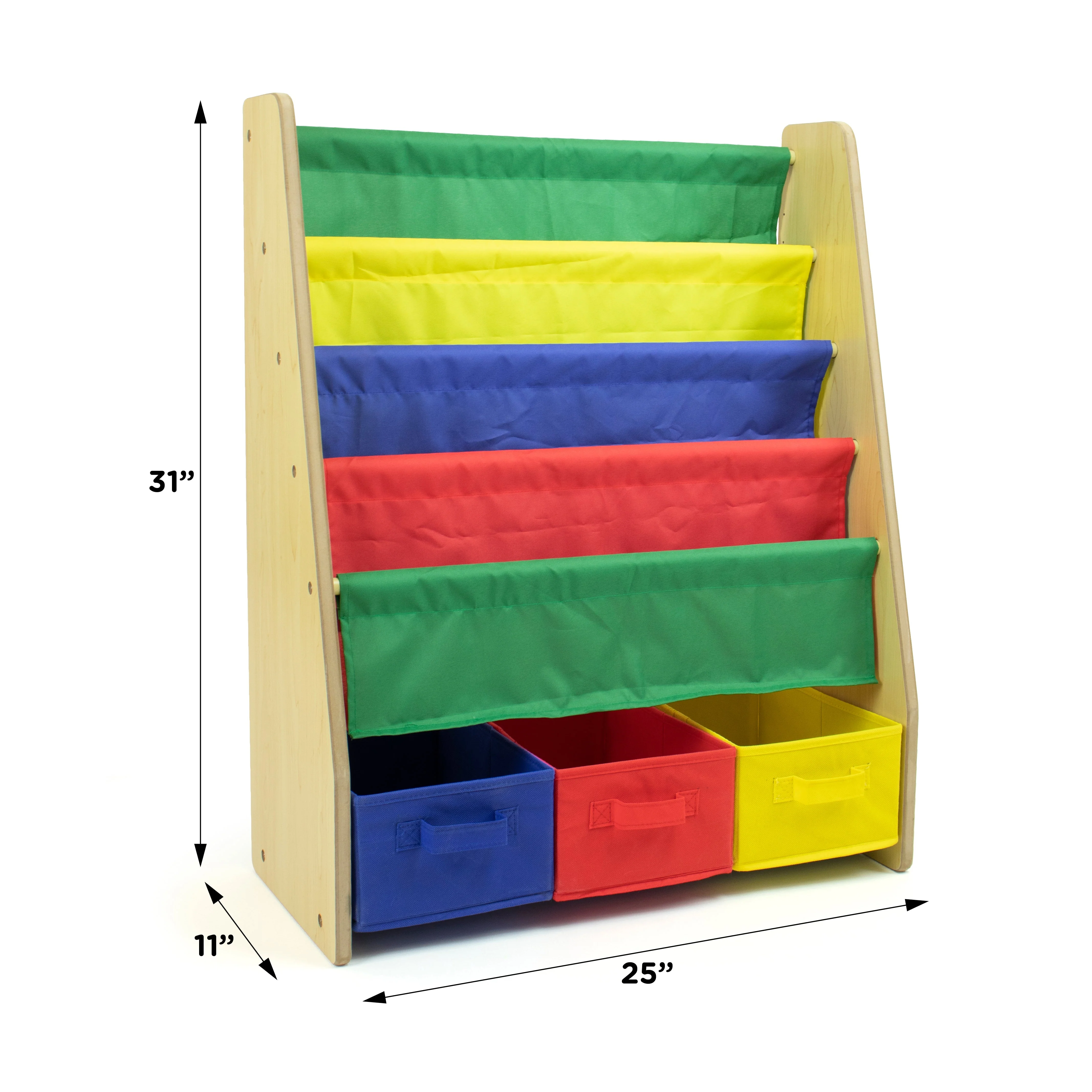 Primary Kids Bookshelf 4 Tier Book Storage and Fabric Bin Organizer