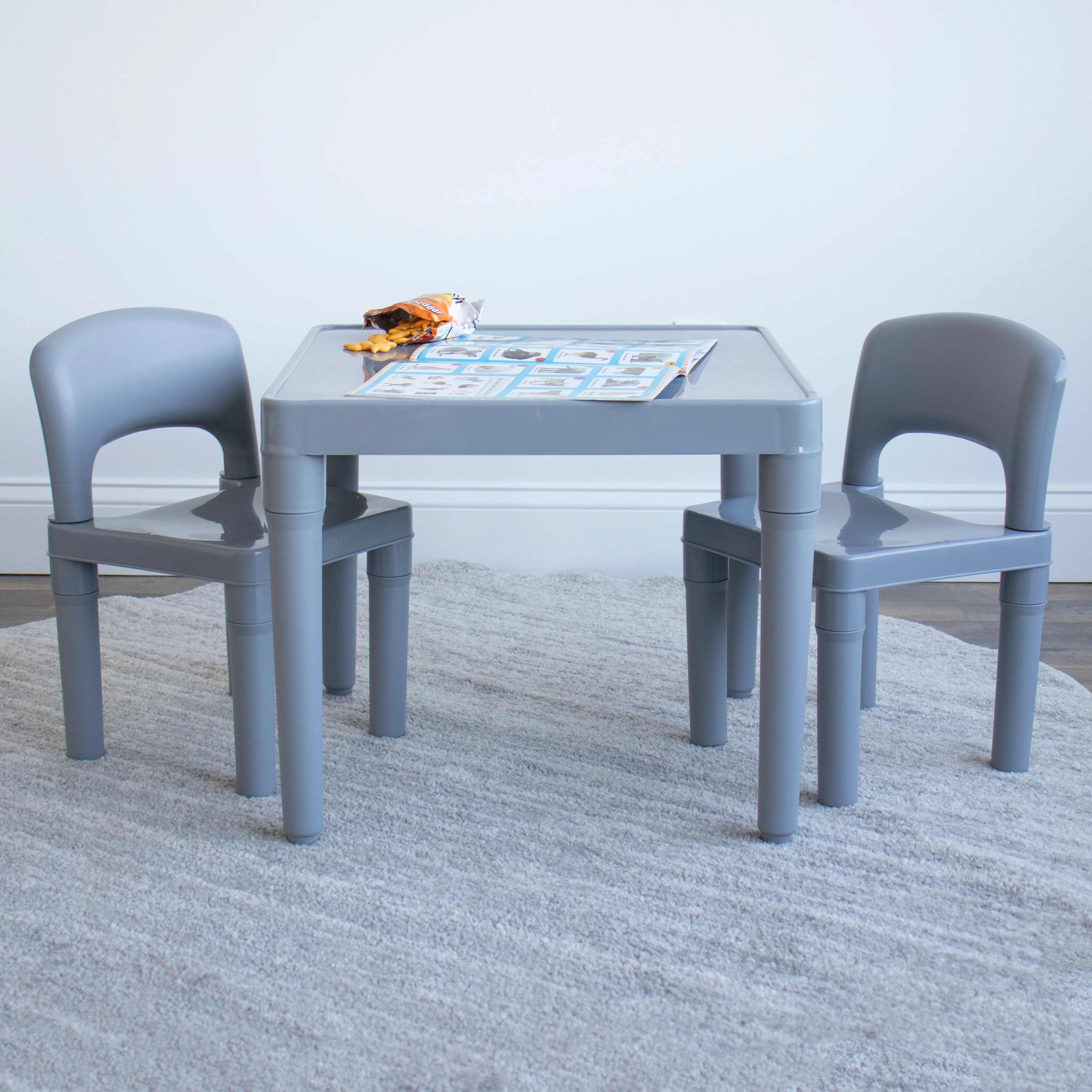 Humble Crew Camden Toddler Lightweight Plastic Table and 2 Chairs Set, Square Grey Table & Chairs