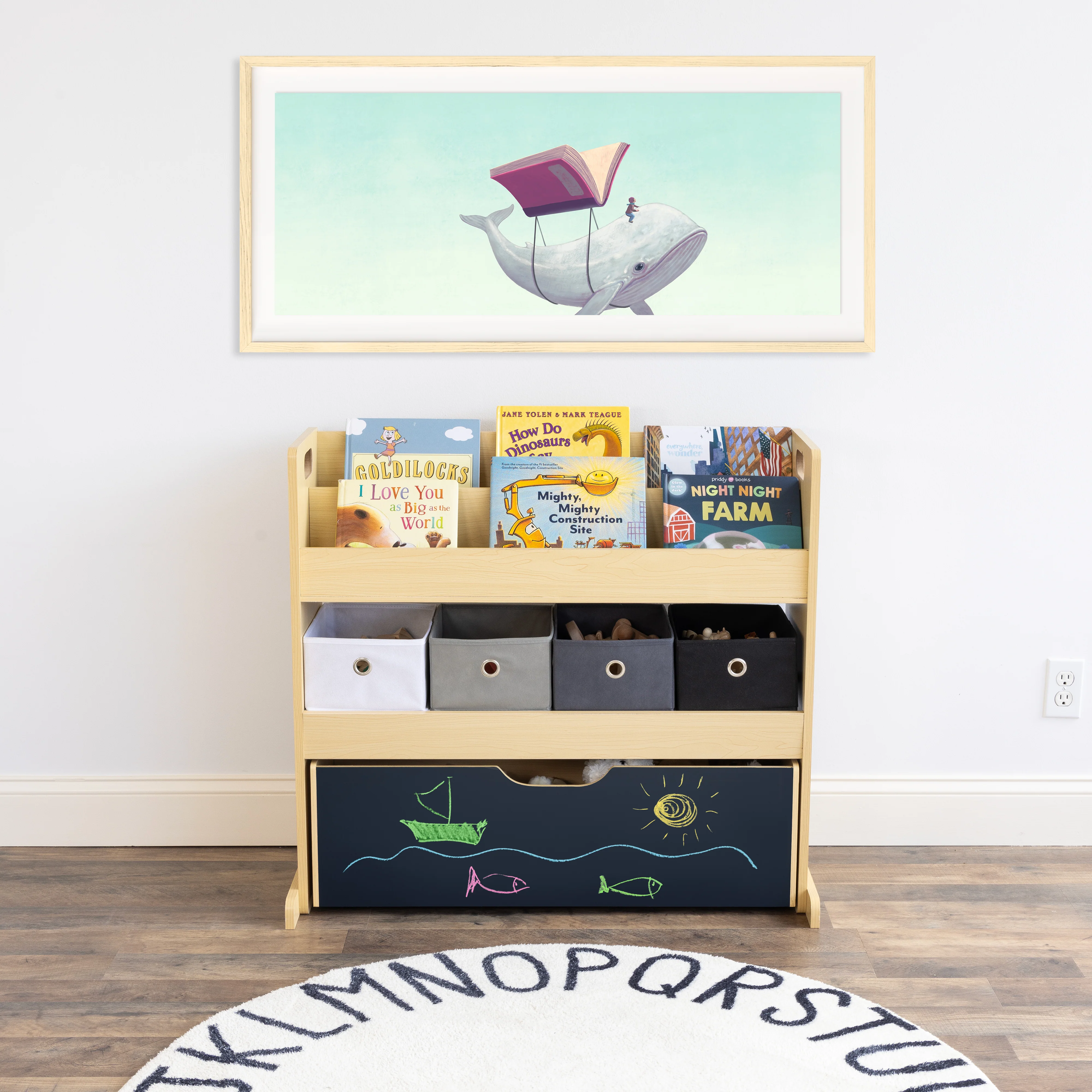 Humble Crew Dalton Toddler 3-in-1 Toddler Sized Storage Organizer with Rolling Chalkboard Toy Box, Fabric Bins, Natural/Black/White/Grey