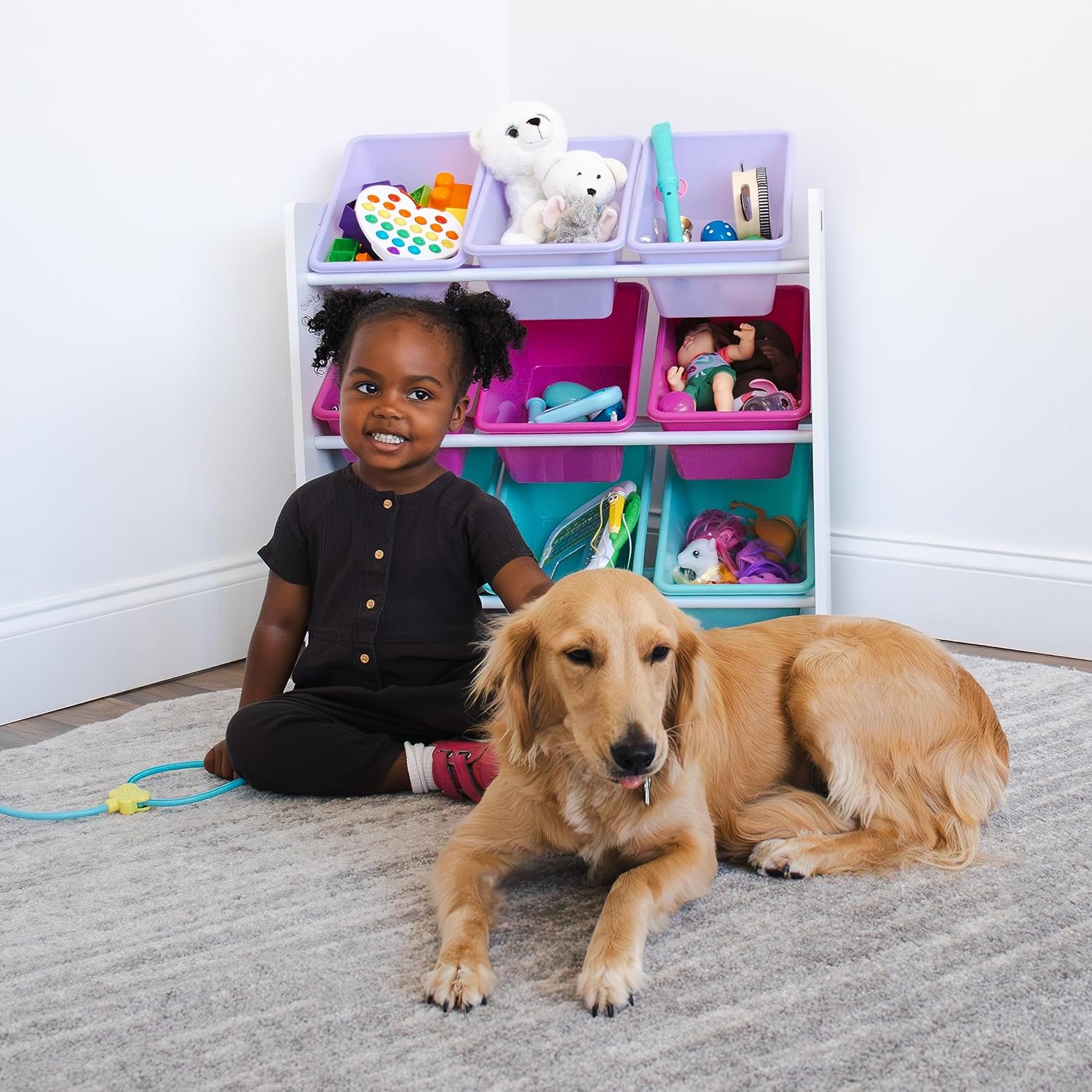 Humble Crew Forever Toy Storage Organizer with 9 Storage Bins, White/Pink/Purple/Aqua