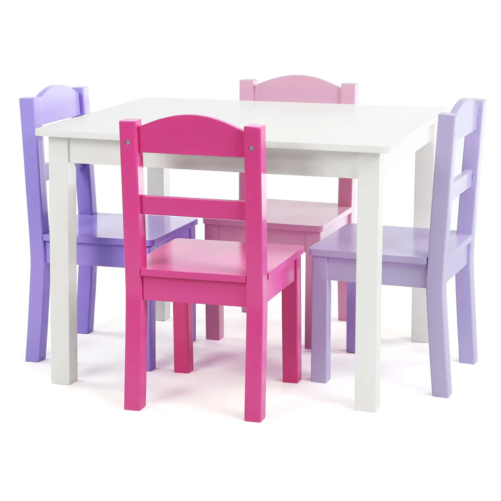 Forever White Wood Kids Table & 4 Pink and Purple Chairs