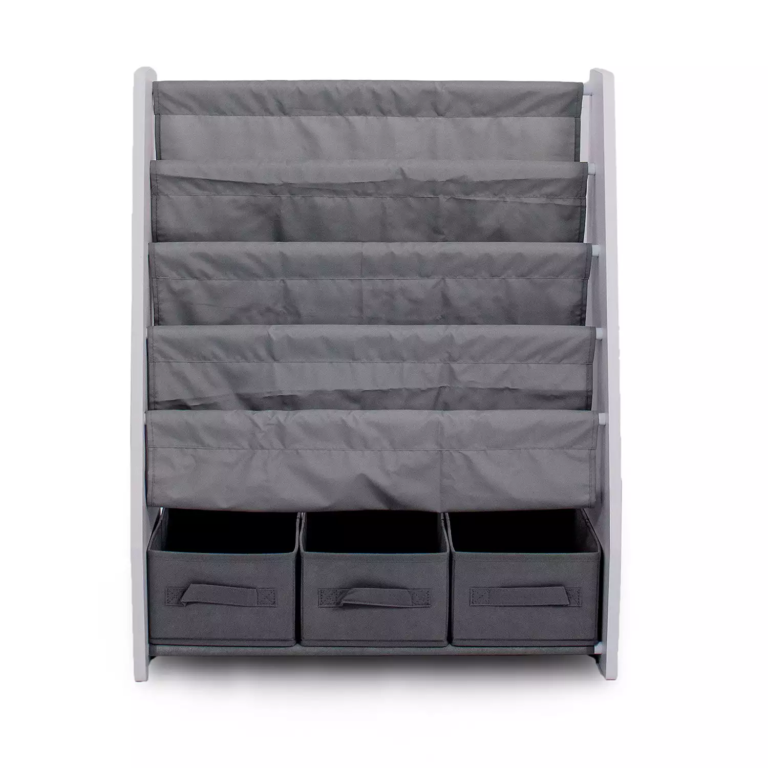 Humble Crew Springfield Kids Bookshelf 4 Tier Book Storage and Fabric Bin Organizer, Grey/White