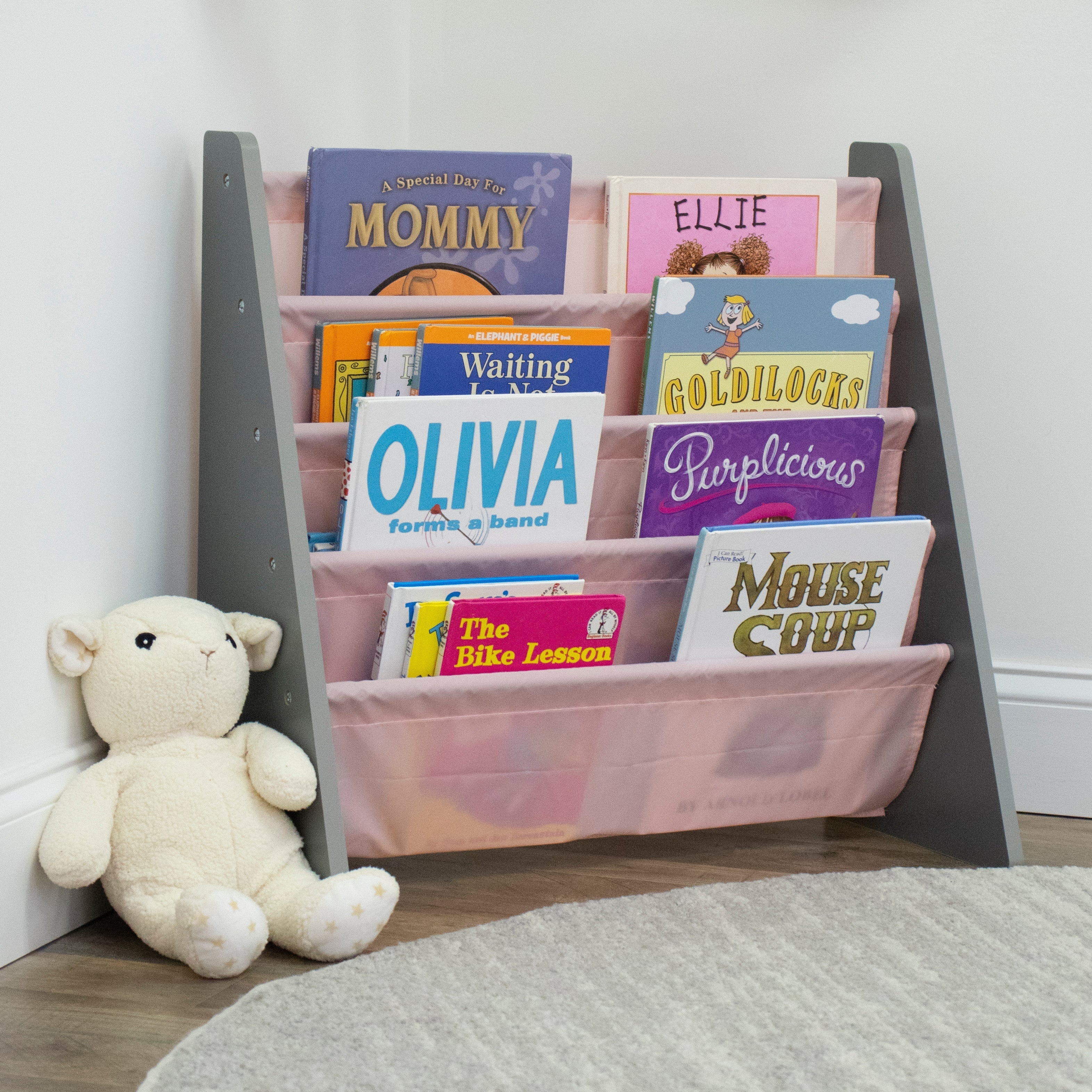 Kids Bookshelf 4 Tier Book Organizer, Pink/Grey