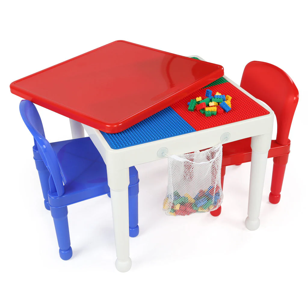 Kids 2-in-1 Plastic Building Blocks-Compatible Activity Table and 2 Chairs Set, Square, White/Blue/Red