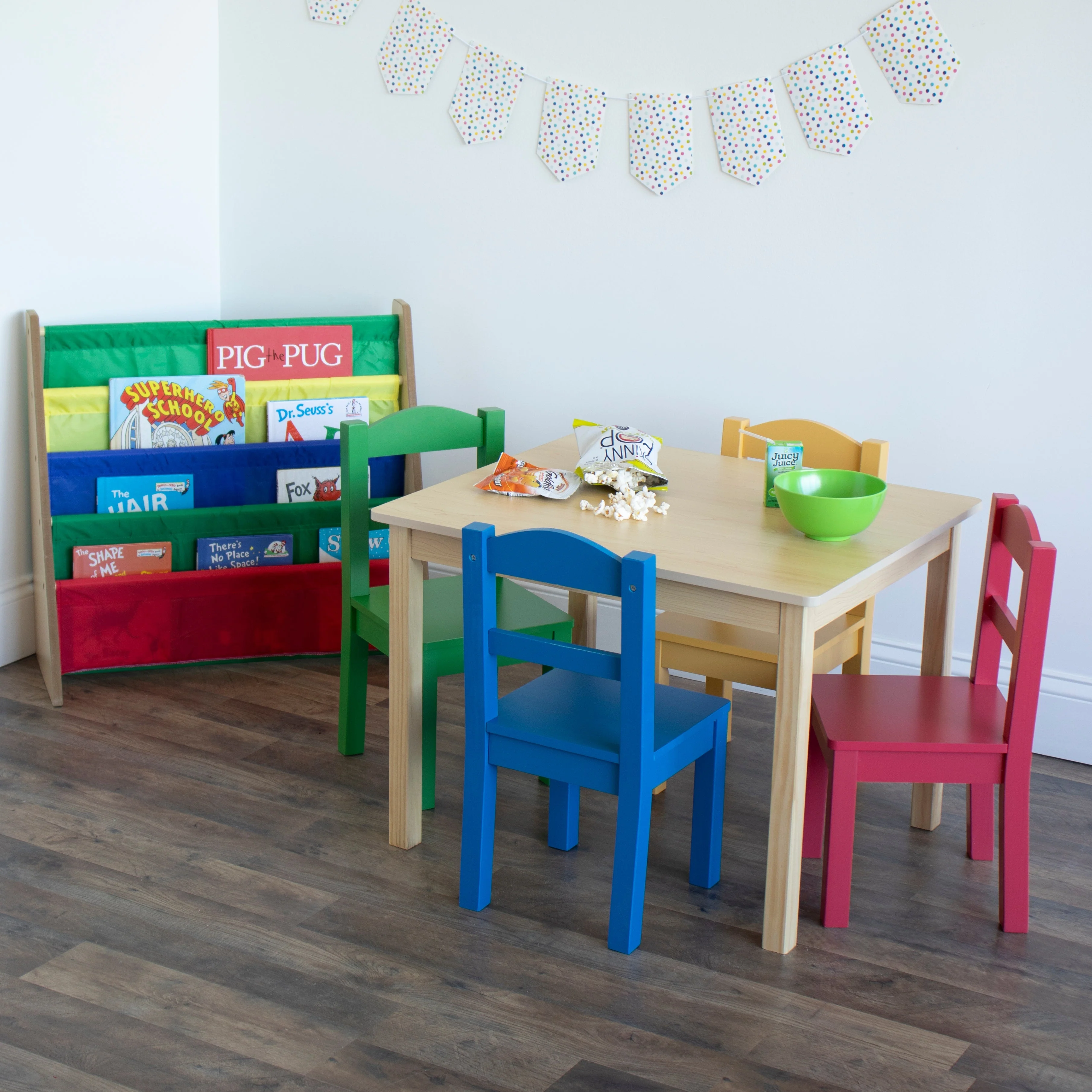 Primary Natural Wood Table & 4 Primary Chairs
