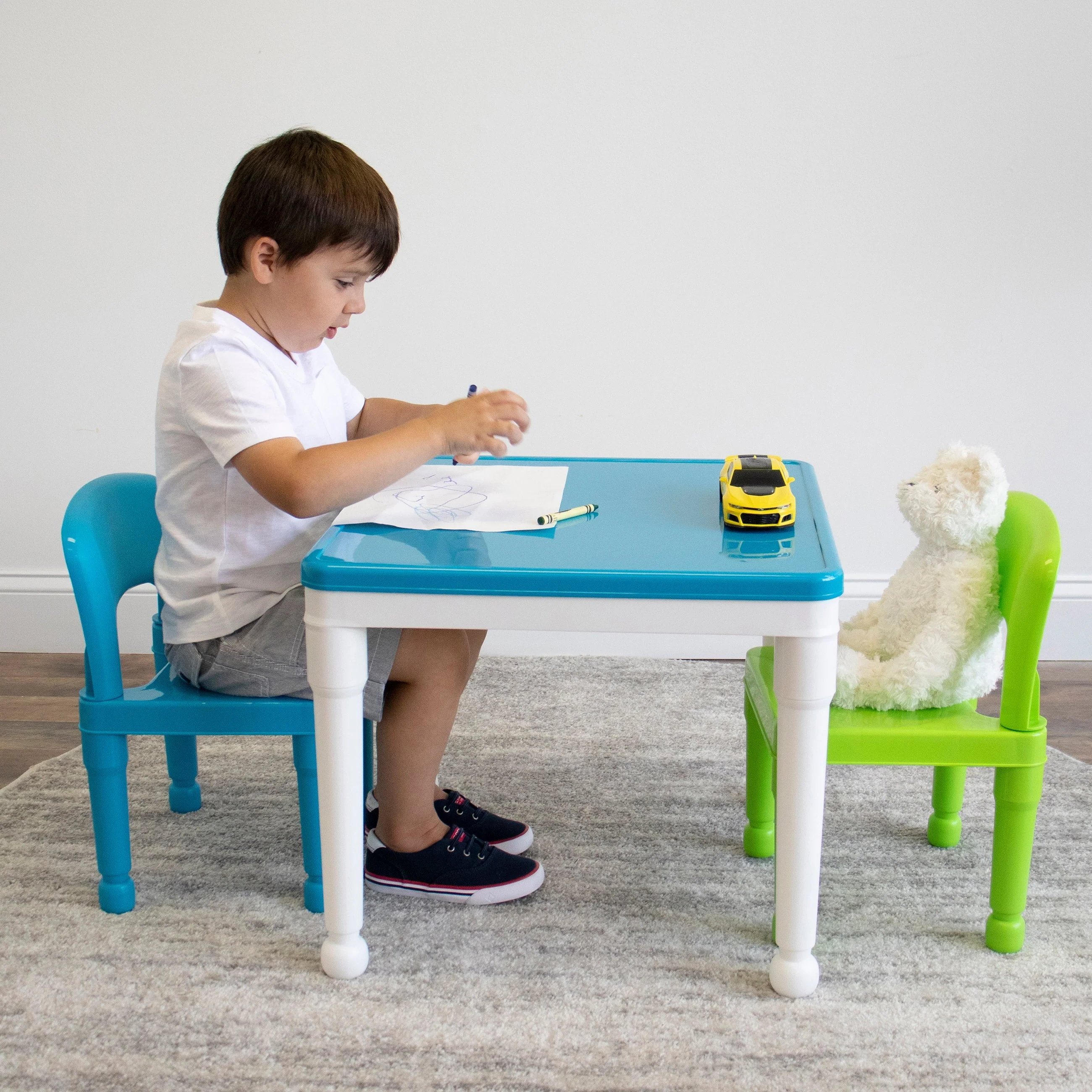 Kids 2-In-1 Square Activity Table and 2 Chair Set with 100 Pc Plastic Building Block Starter Set White/Green/Blue