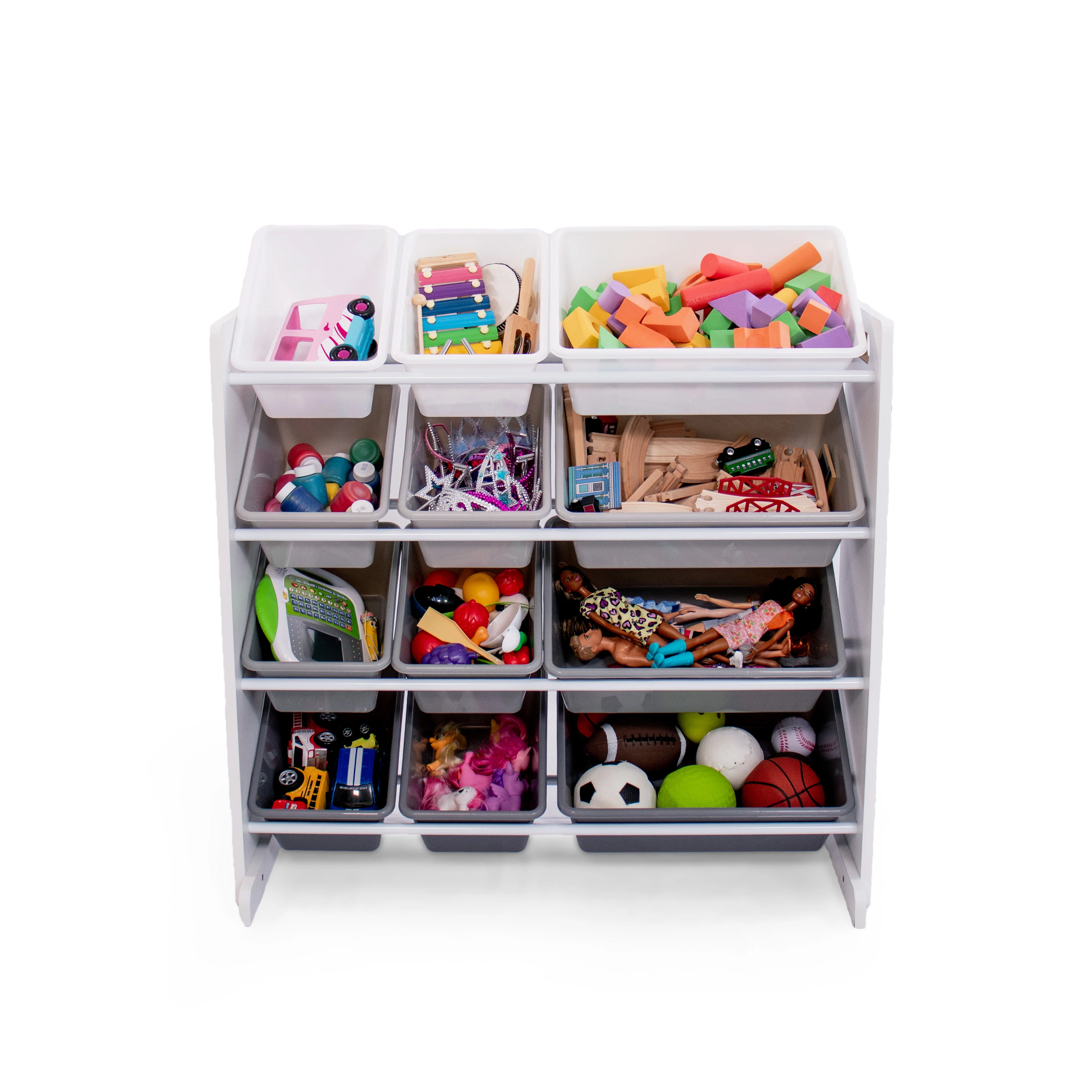 Humble Crew 12 Bin Toy Storage Organizer with Chalkboard, Eraser, and 2pc Chalk, White/Grey Gradient Ombre