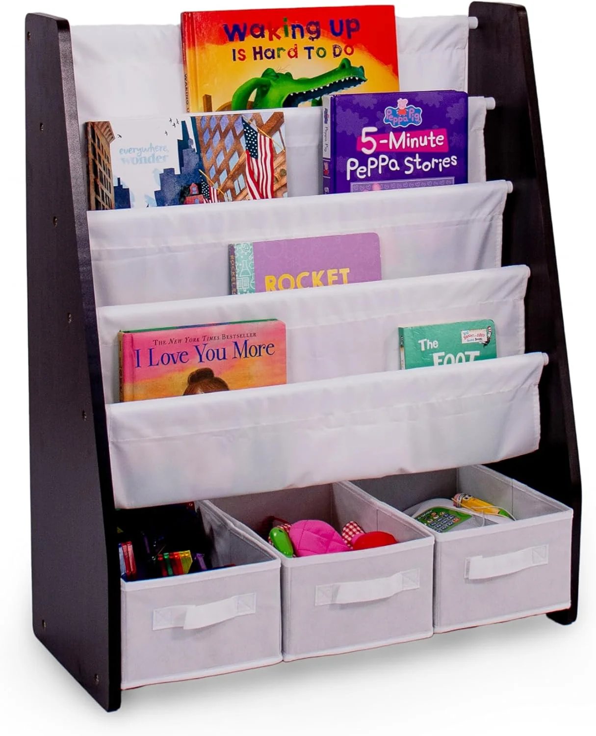 Humble Crew Kids Bookshelf 4 Tier Book Storage and Fabric Bin Organizer, Espresso