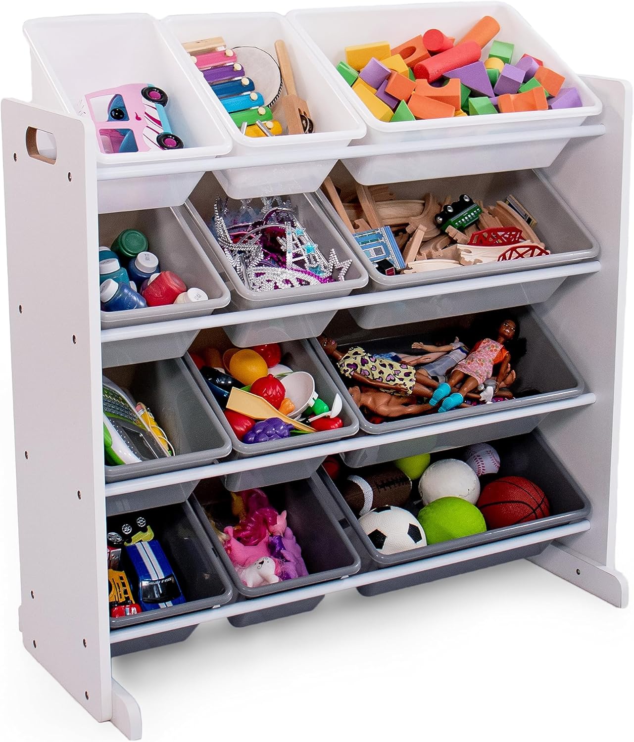 Humble Crew 12 Bin Toy Storage Organizer with Chalkboard, Eraser, and 2pc Chalk, White/Grey Gradient Ombre