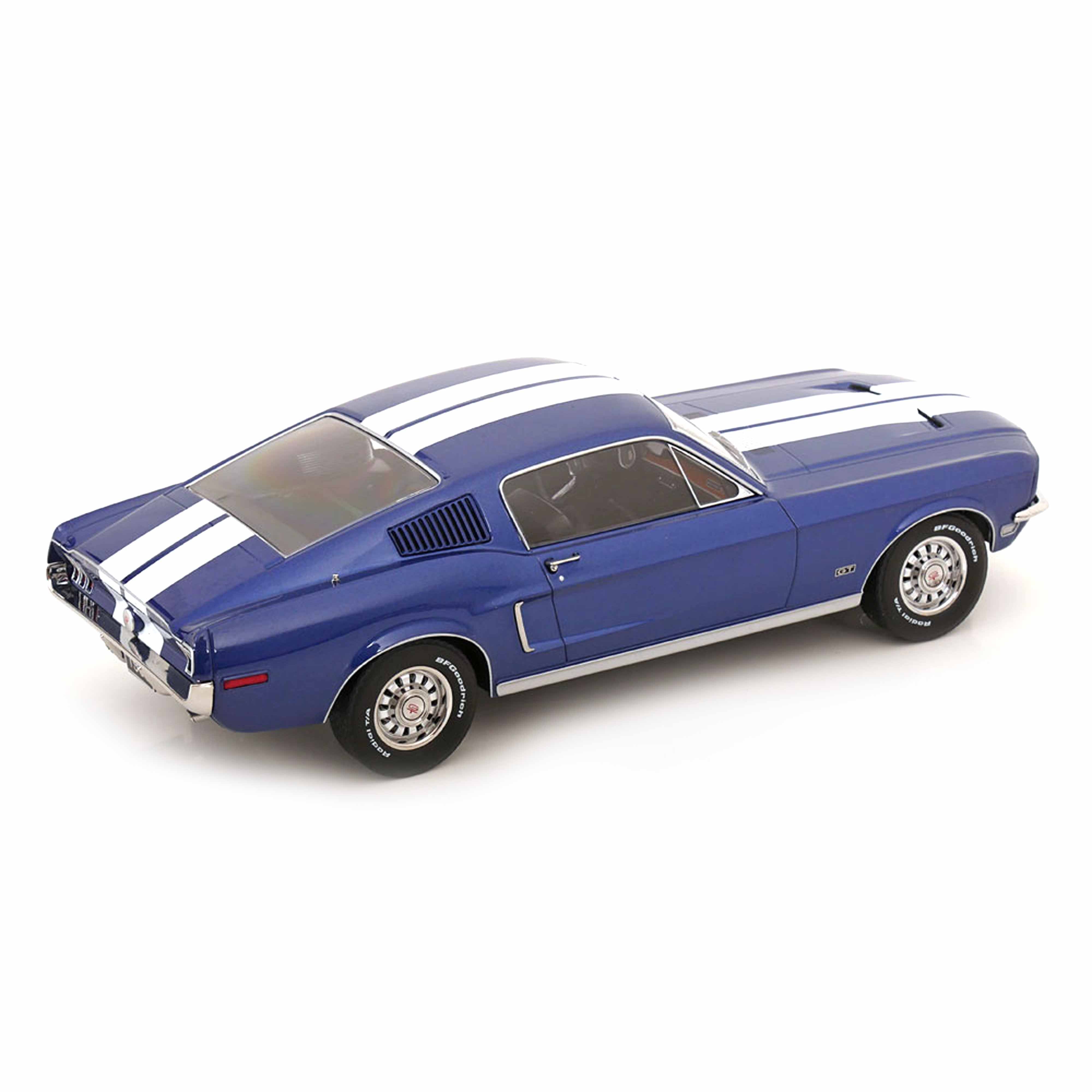 Ford Mustang Fastback 1968 Bleu métallisé et bandes blanches 1/18
