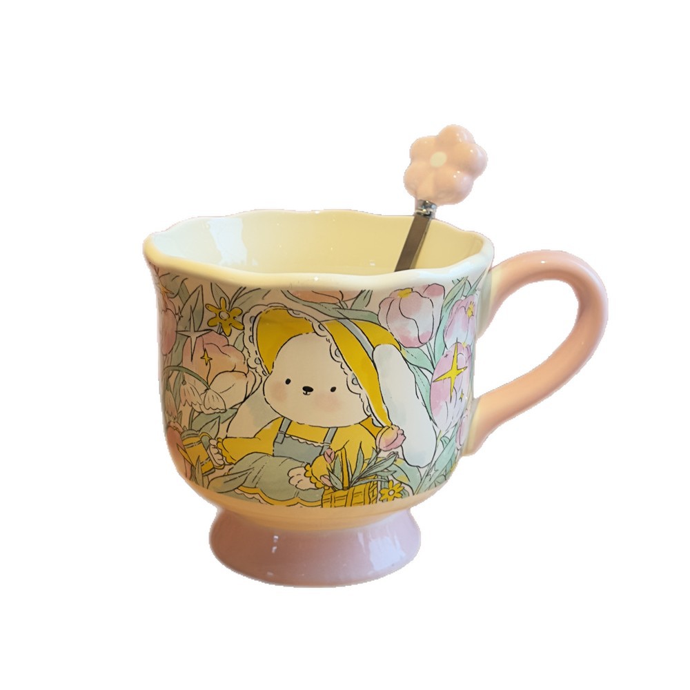 Bunny Floral Ceramic Mug with Spoon