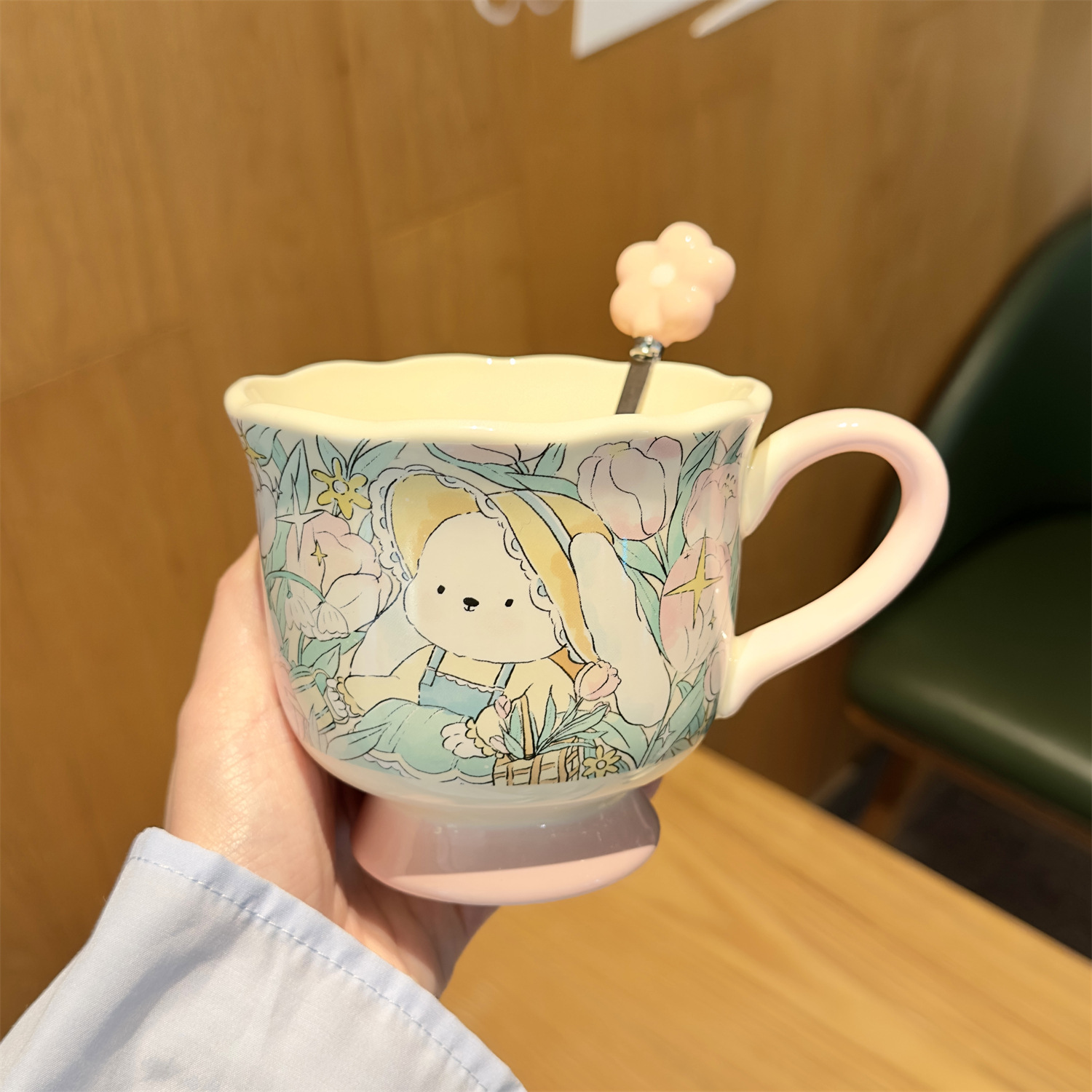 Bunny Floral Ceramic Mug with Spoon