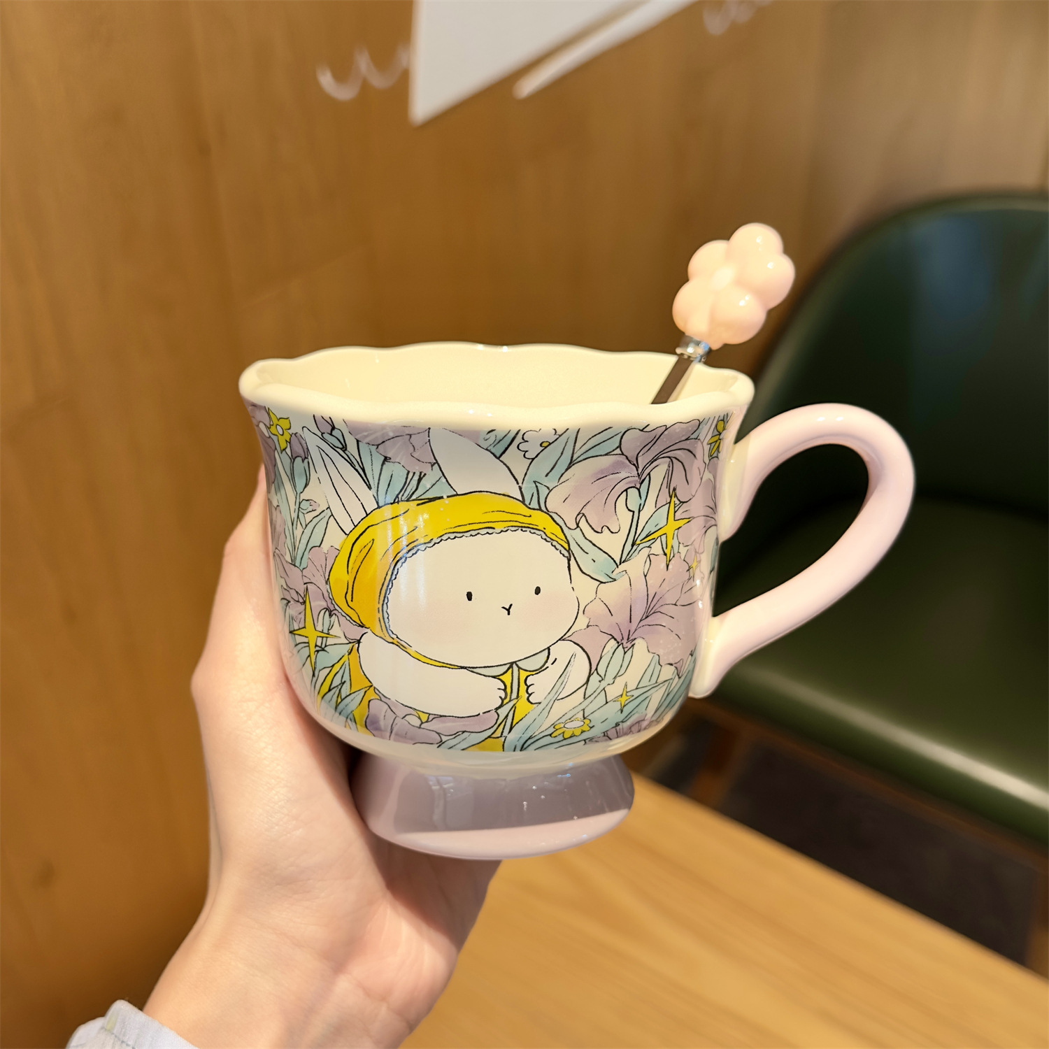 Bunny Floral Ceramic Mug with Spoon